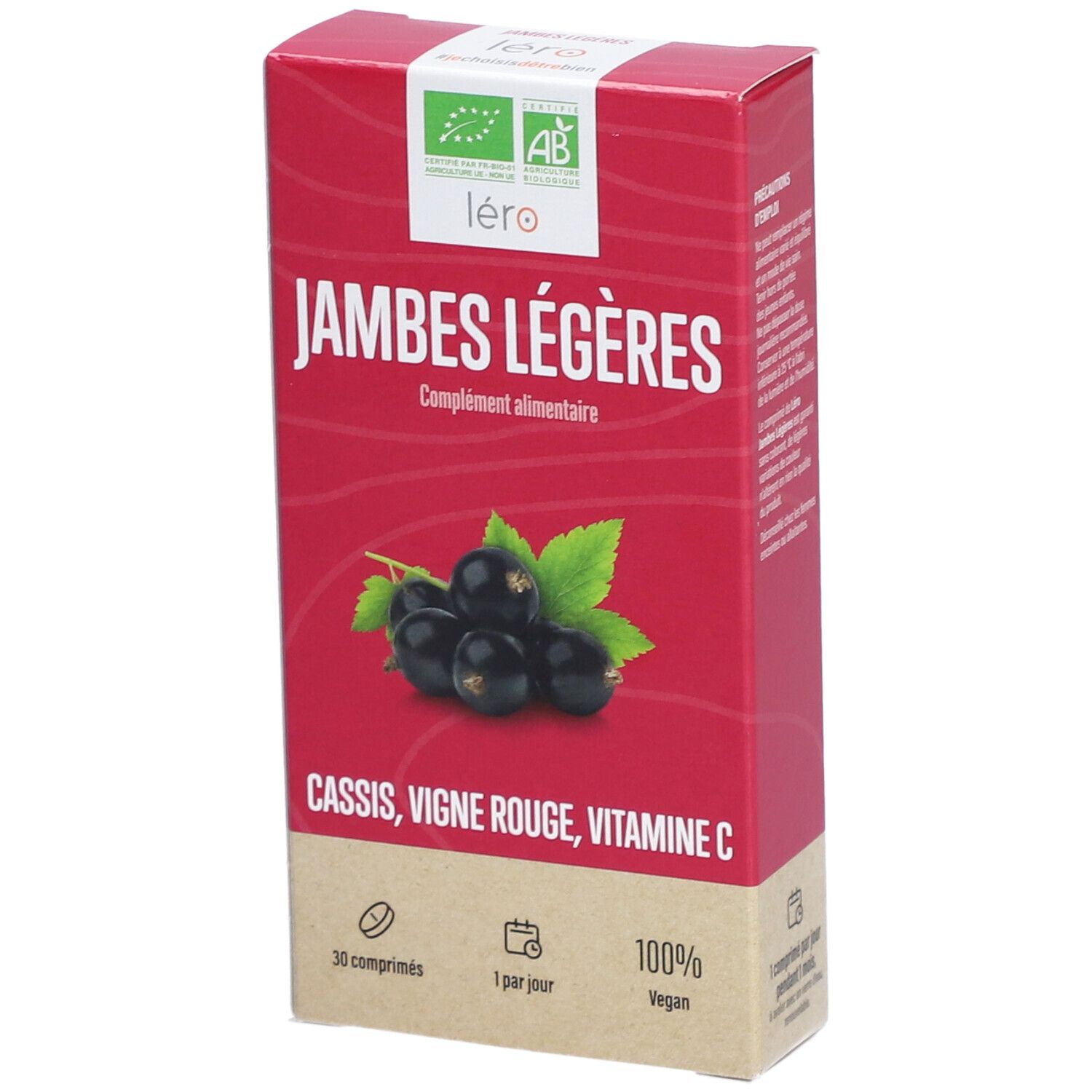 Rote Schachtel mit "JAMBES LÉGÈRES". Enthält Johannisbeeren und Blätter. Mit AB-Bio-Logo und "léro"-Logo.