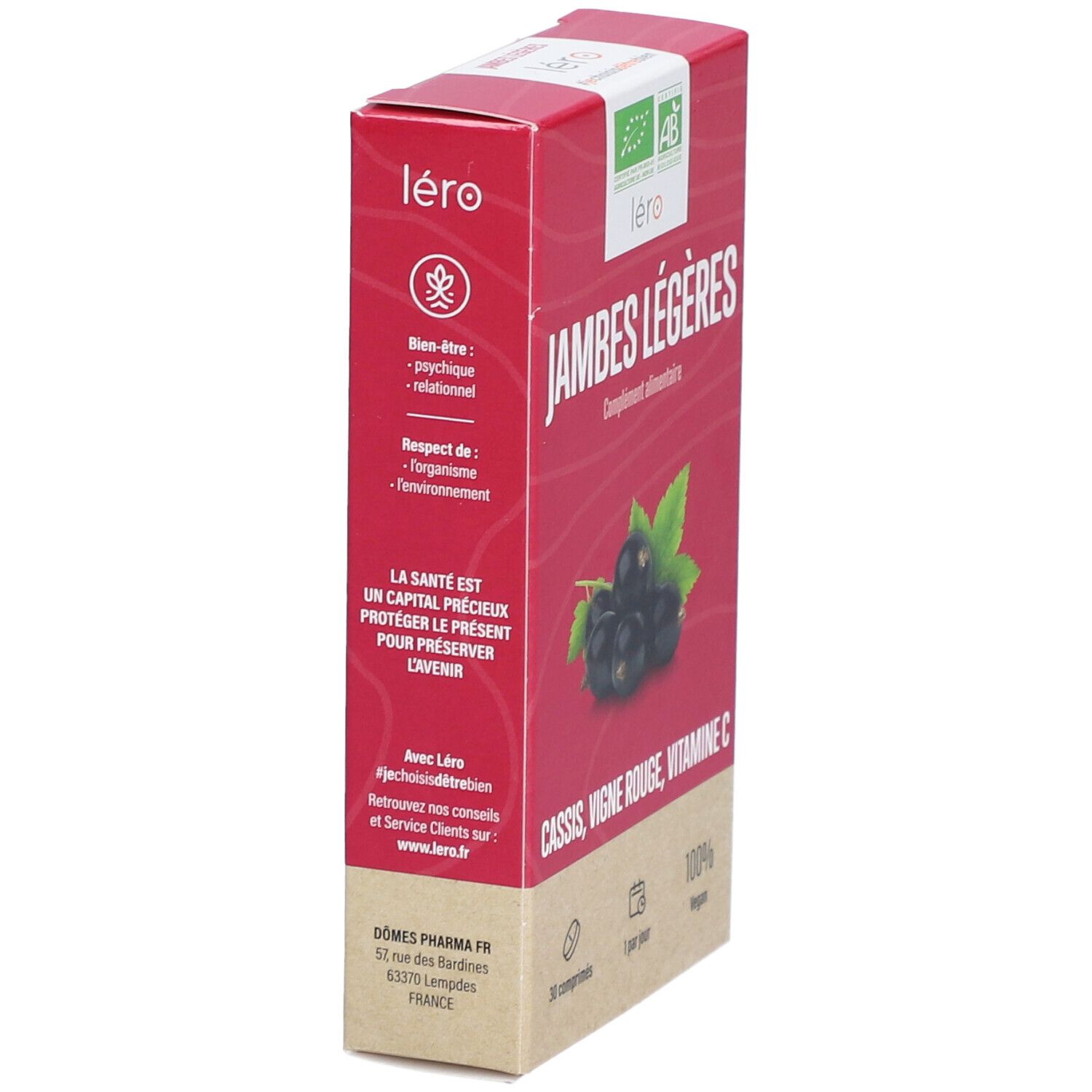 Rote Schachtel "JAMBES LÉGÈRES" mit Logo "léro". Enthält Johannisbeeren und Blätter. Mit Text und Logo.