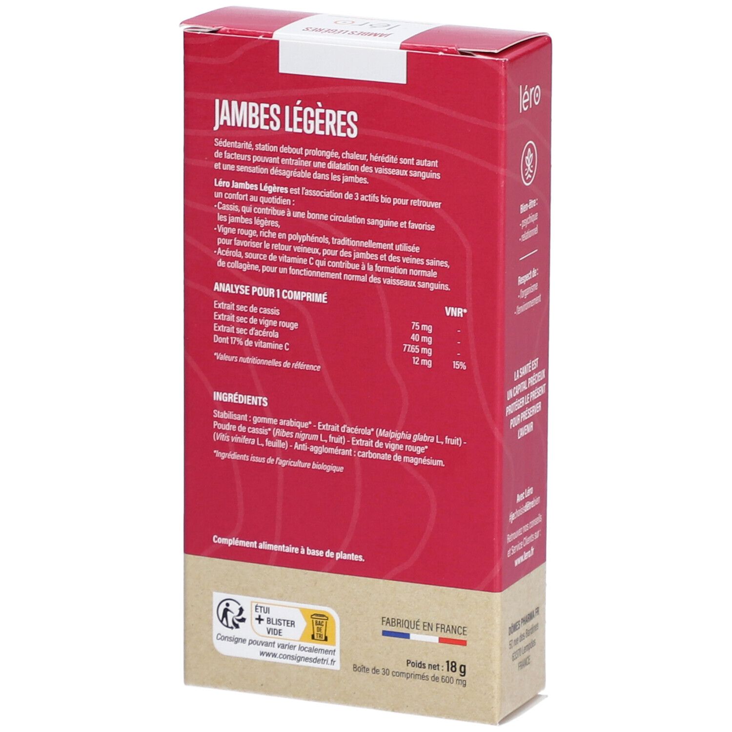 Rückseite der roten Schachtel "JAMBES LÉGÈRES". Inhaltsstoffe, Analyse, Herkunft Frankreich. Mit Text und Logos.