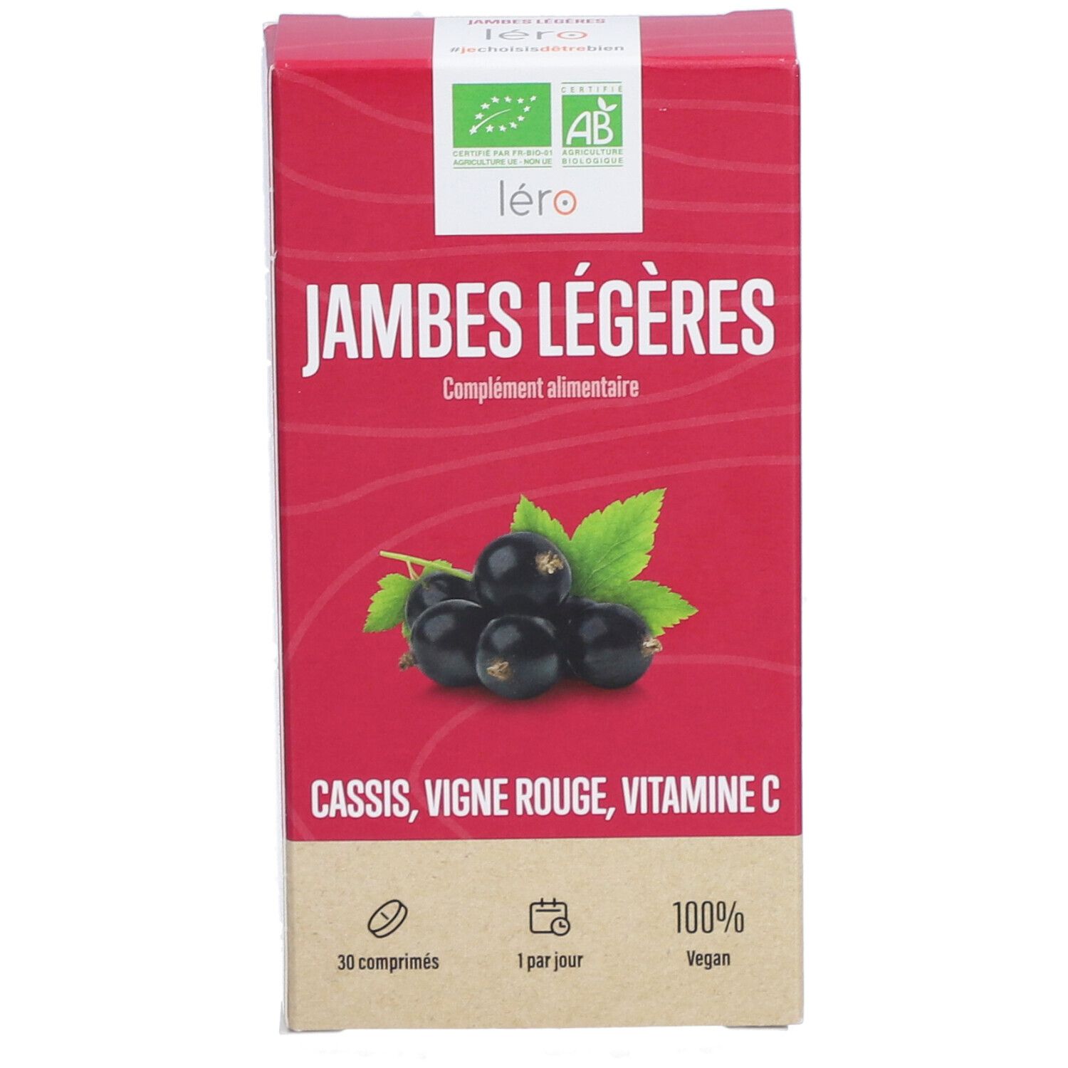 Rote Schachtel "JAMBES LÉGÈRES". Johannisbeeren und Blätter. Mit AB-Bio-Logo und "léro"-Logo. 30 Tabletten, vegan.