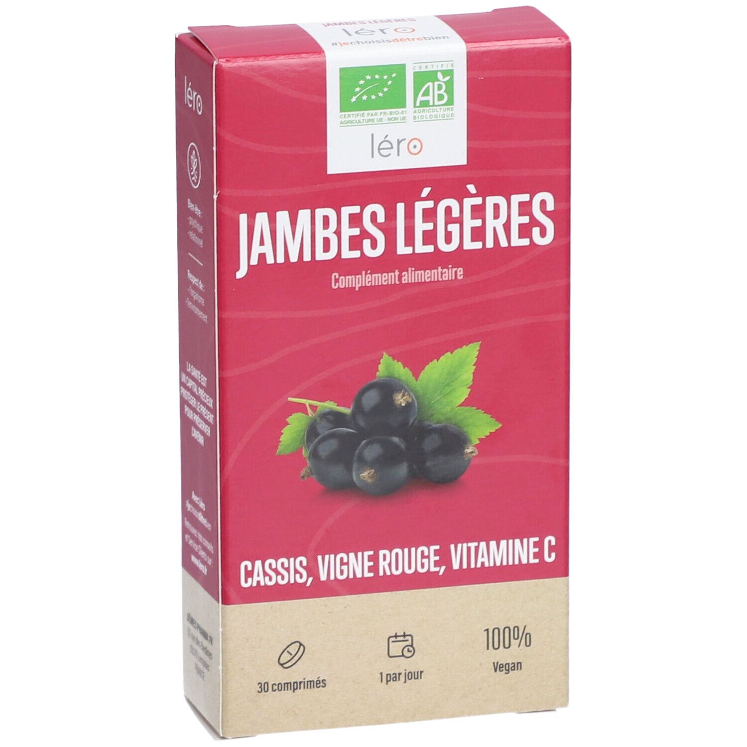 Rote Schachtel "JAMBES LÉGÈRES". Johannisbeeren und Blätter. Mit AB-Bio-Logo und "léro"-Logo. 30 Tabletten, vegan.