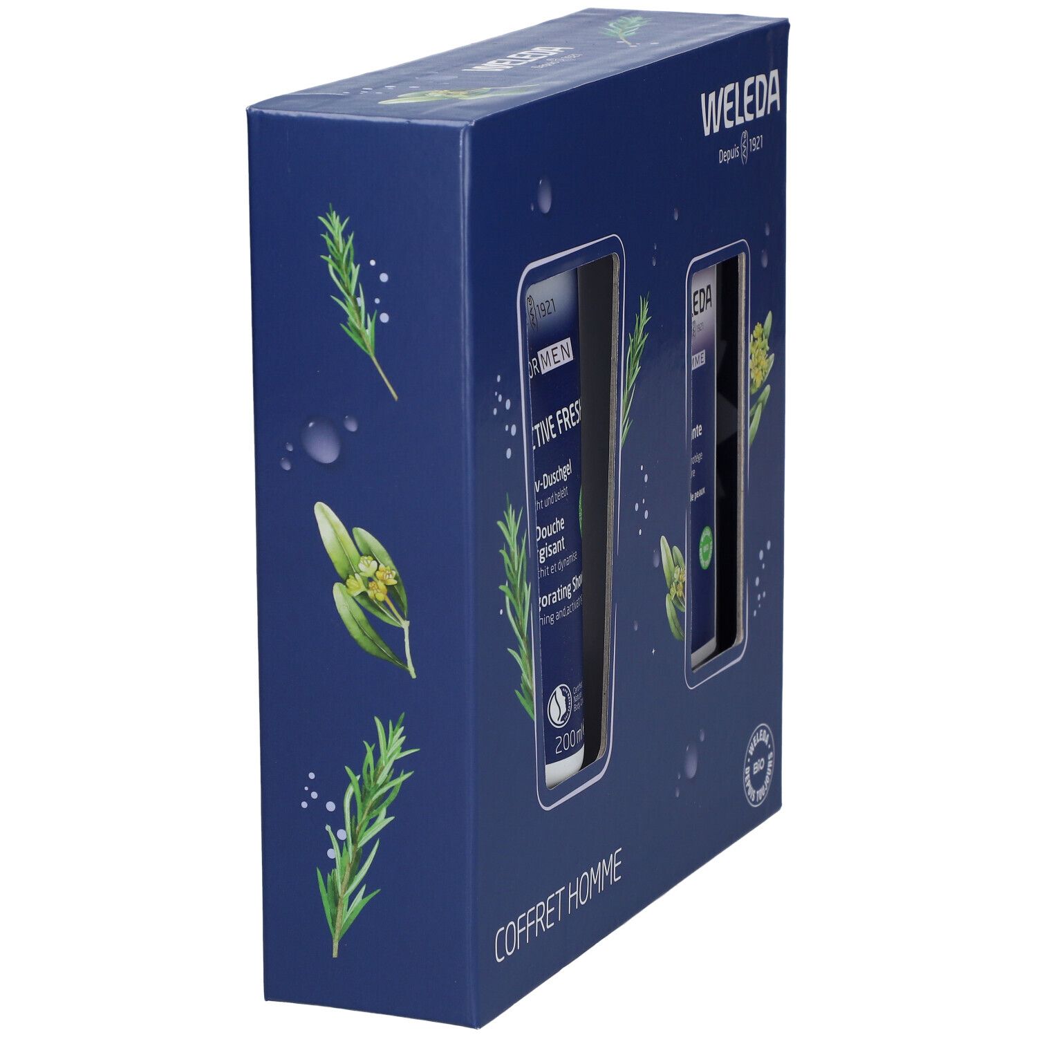 Boîte cadeau bleue WELEDA, vue latérale. Deux ouvertures. Inscription: COFFRET HOMME.