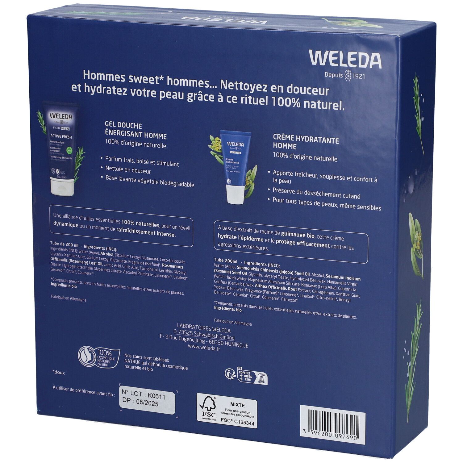 Dos de la boîte cadeau bleue. Informations sur les produits et ingrédients. Marque: WELEDA.