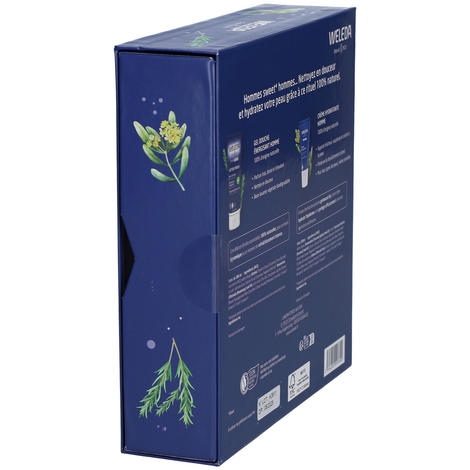 Boîte cadeau bleue, vue oblique. Arrière avec informations sur les produits. Marque: WELEDA.