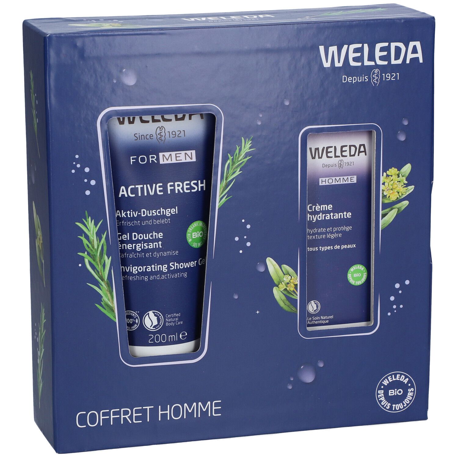 Coffret cadeau avec gel douche et crème. Emballage bleu. Marque: WELEDA. Inscription: COFFRET HOMME.
