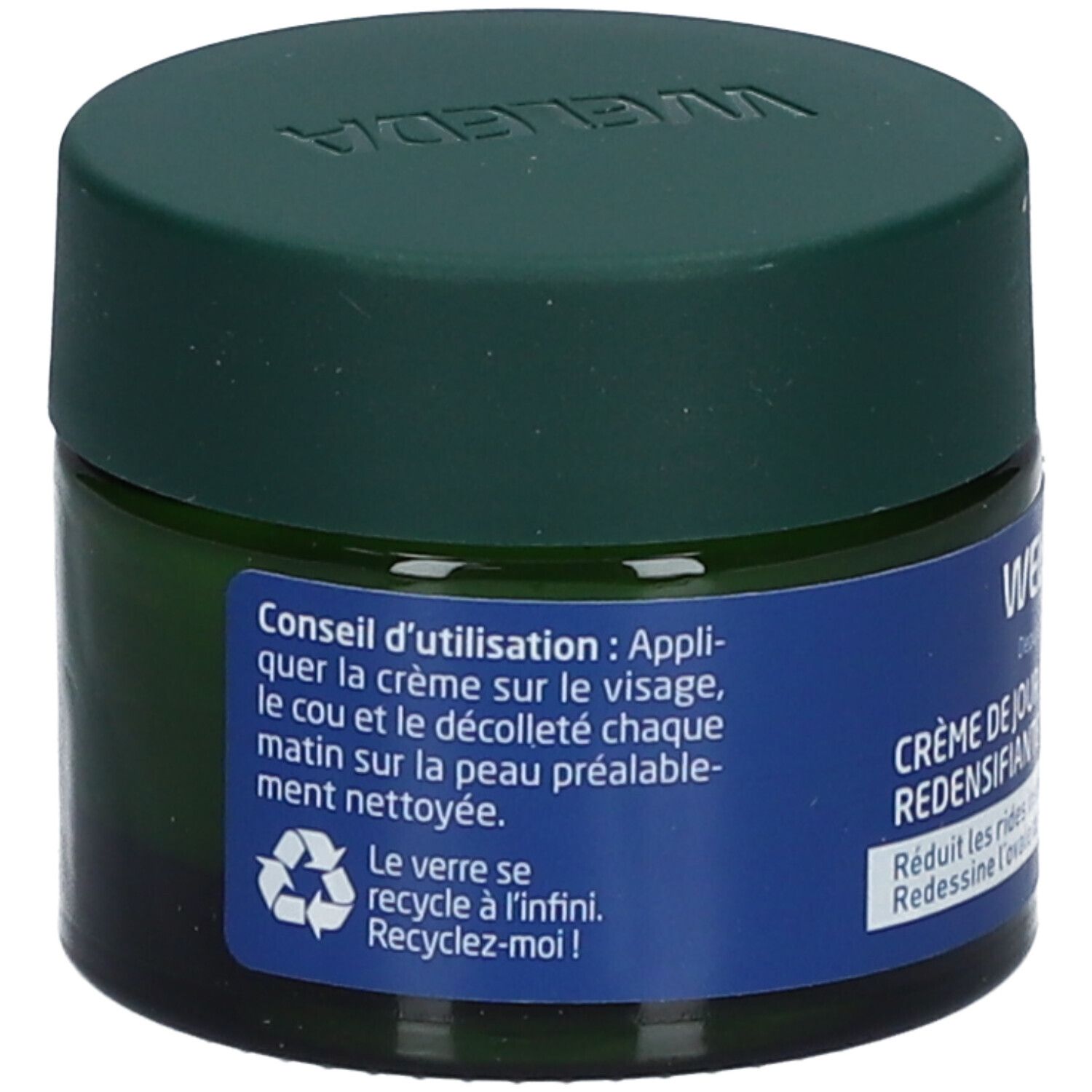 Pot en verre vert avec étiquette bleue. Inscription WELEDA Crème de Jour redensifiante. Mode d'emploi. Symbole de recyclage.