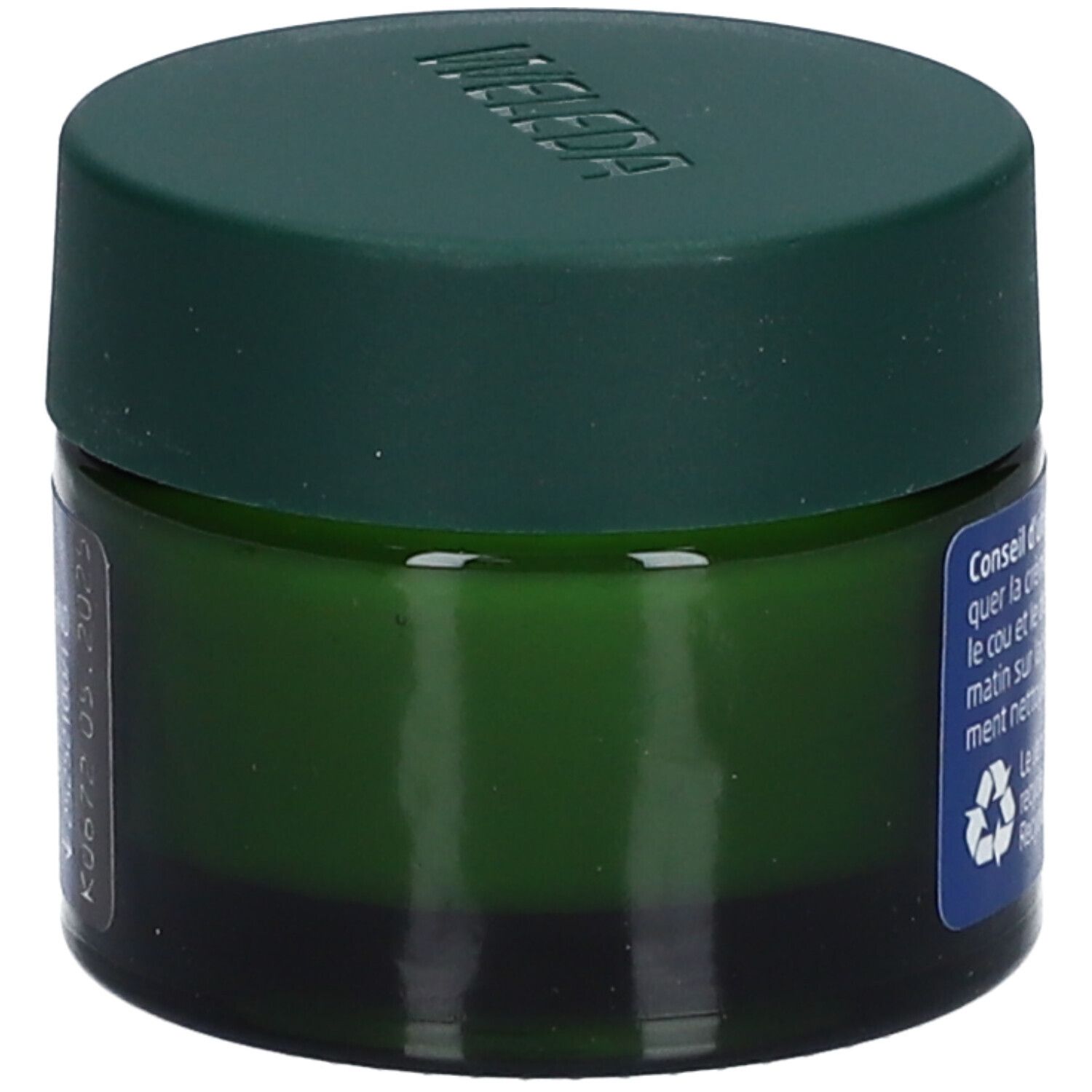 Pot en verre vert avec étiquette bleue. Inscription WELEDA Crème de Jour redensifiante. Vue arrière.
