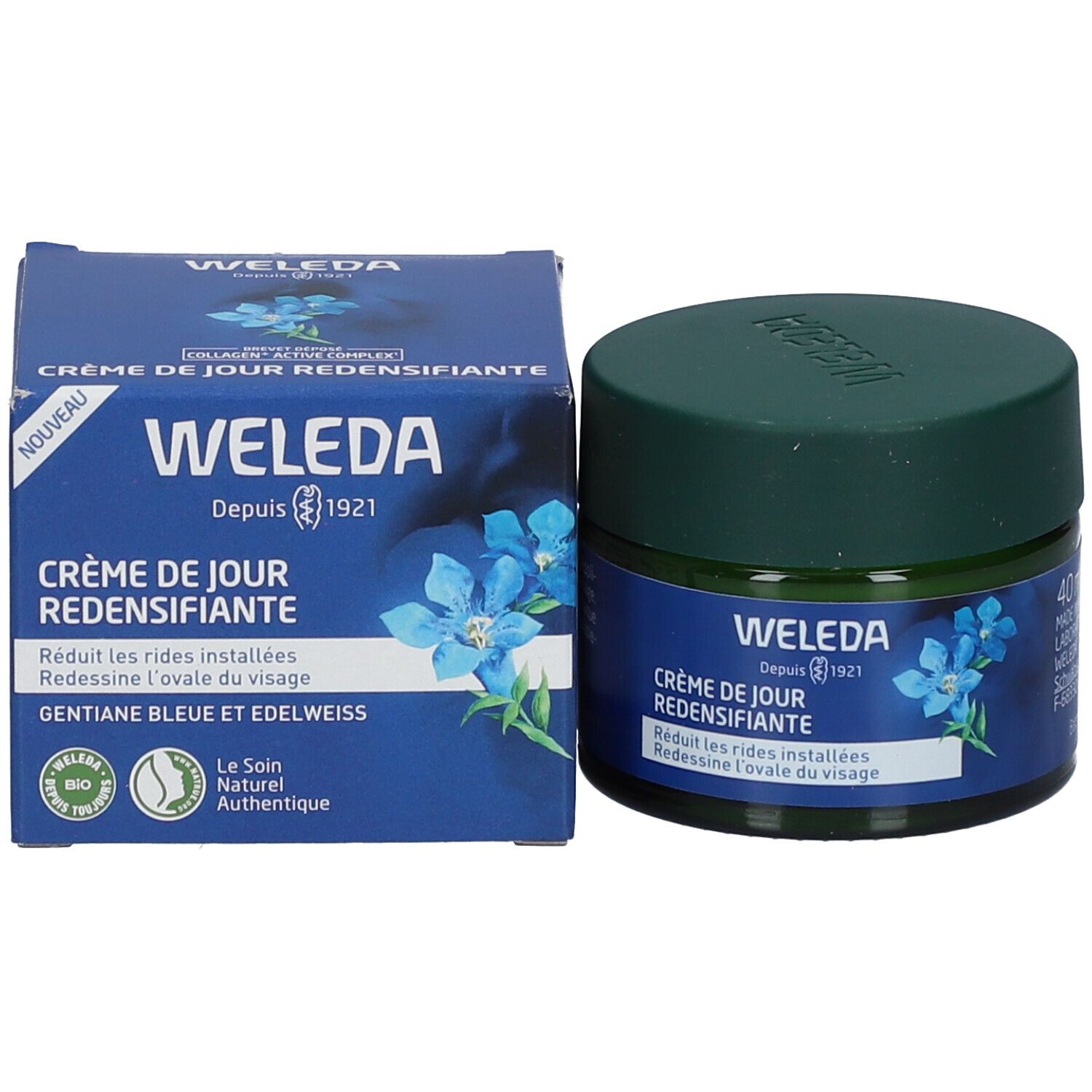 Produit WELEDA Crème de Jour redensifiante. Pot et emballage. Boîte bleue avec informations.