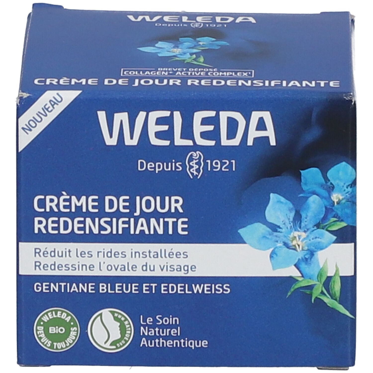 Boîte bleue avec informations produit. Inscription WELEDA Crème de Jour redensifiante. Logo et nom du produit.