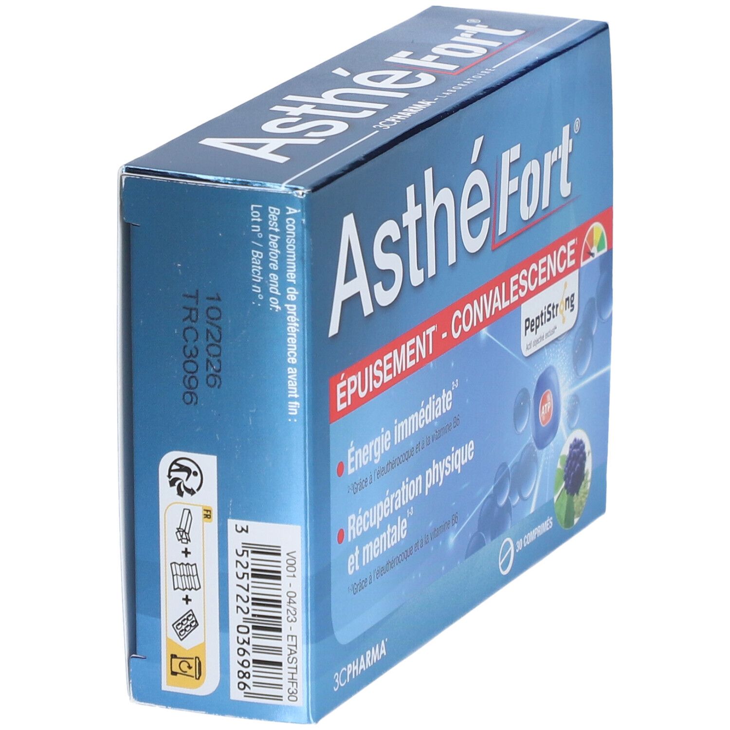 Blaue AsthéFort-Schachtel, Seitenansicht. Aufschrift: ÉPUISSEMENT - CONVALESCENCE. 30 Tabletten. PeptiStrong.
