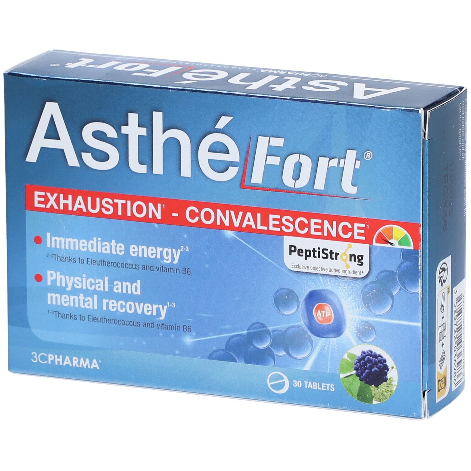 Blaue Schachtel mit AsthéFort. Aufschrift: EXHAUSTION - CONVALESCENCE. 30 Tabletten. PeptiStrong.