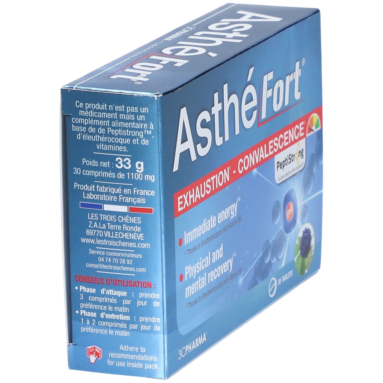 Blaue AsthéFort-Schachtel, Seitenansicht. Aufschrift: EXHAUSTION - CONVALESCENCE. 30 Tabletten. PeptiStrong.