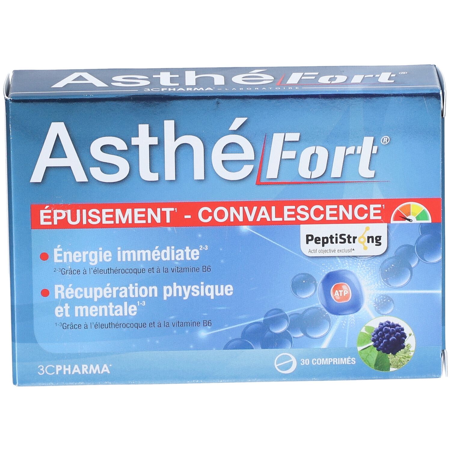 Blaue Schachtel mit AsthéFort. Aufschrift: ÉPUISSEMENT - CONVALESCENCE. 30 Tabletten. PeptiStrong.