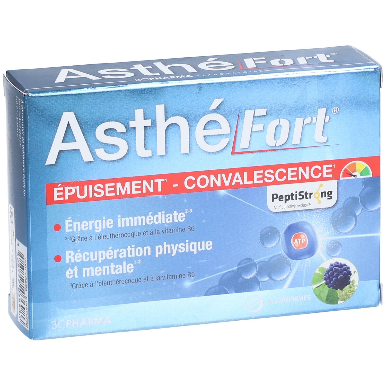 Blaue Schachtel mit AsthéFort. Aufschrift: ÉPUISSEMENT - CONVALESCENCE. 30 Tabletten. PeptiStrong.