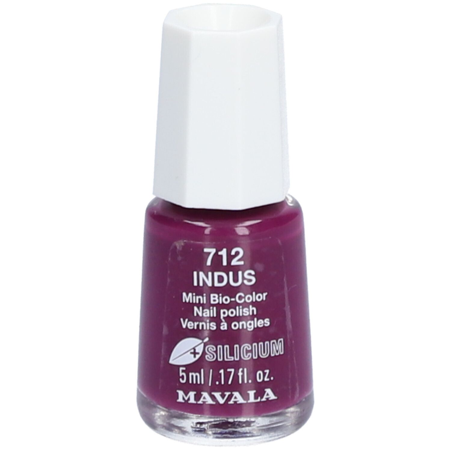 Nagellakflesje, kleur 712 Indus, Mini Bio-Color. Witte dop, paarse lak. Merk: Mavala.