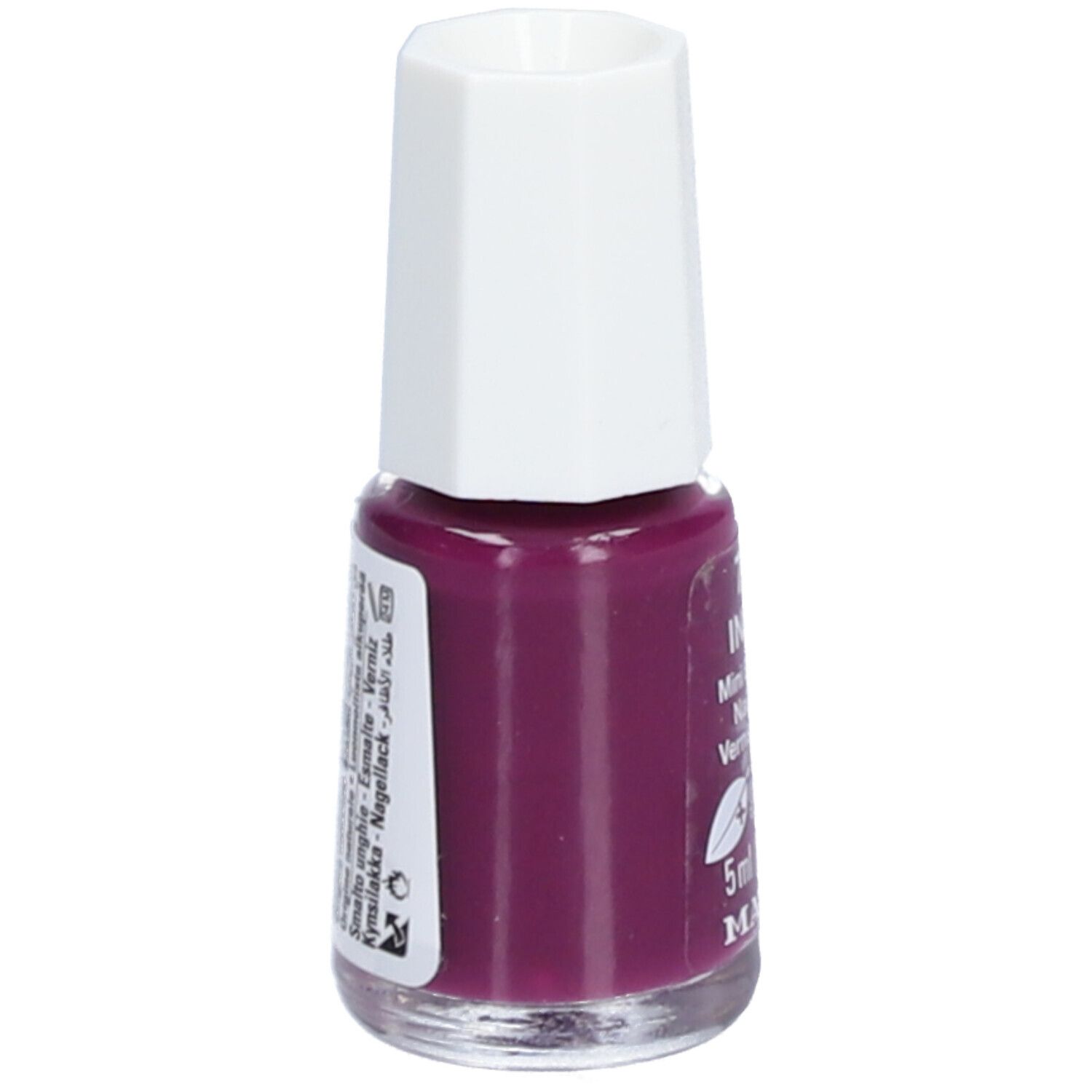Nagellakflesje, kleur 712 Indus, Mini Bio-Color. Achterkant met tekst en barcode. Witte dop, paarse lak.