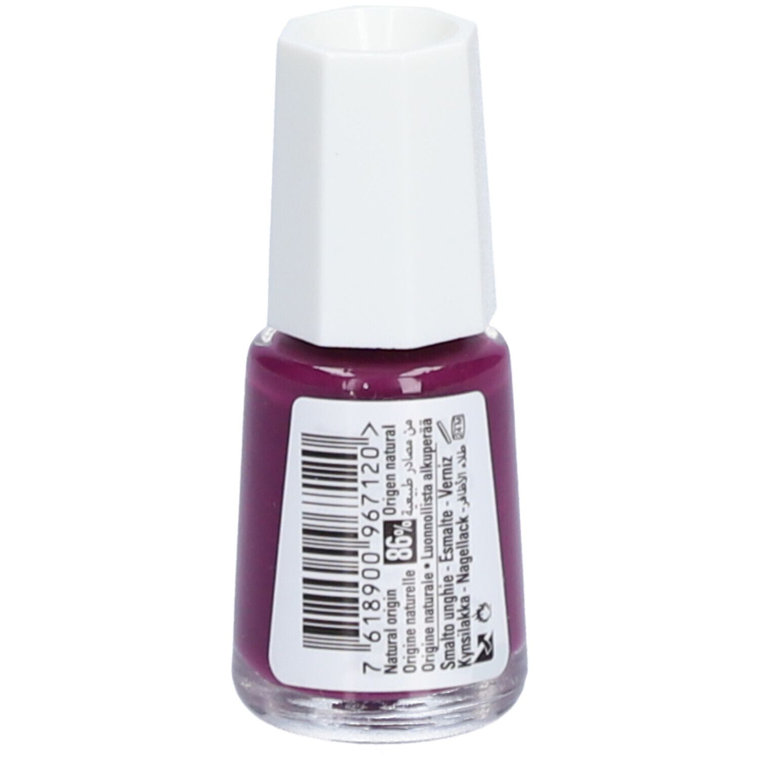 Nagellakflesje, kleur 712 Indus, Mini Bio-Color. Achterkant met barcode en tekst. Witte dop, paarse lak.