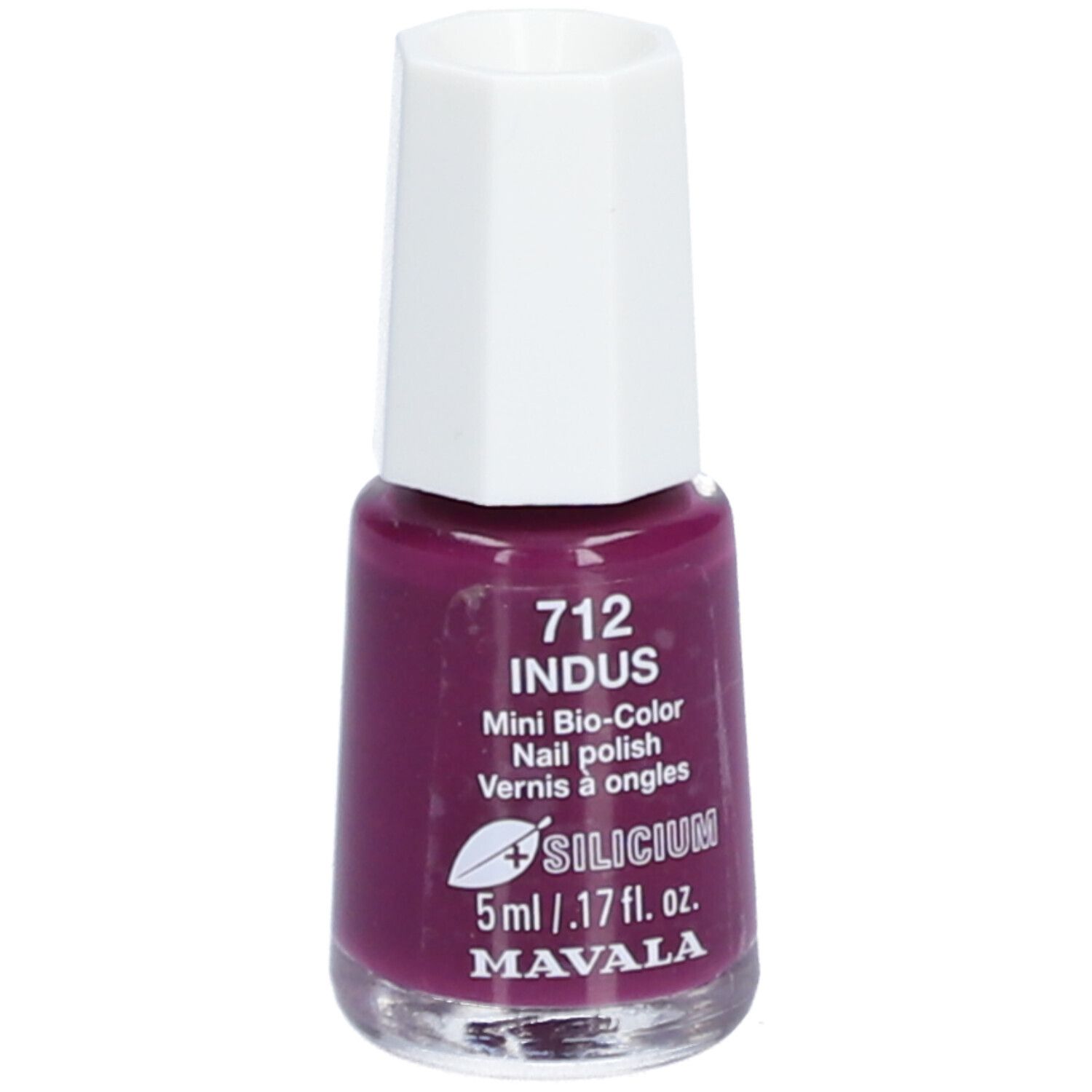 Nagellakflesje, kleur 712 Indus, Mini Bio-Color. Witte dop, paarse lak. Merk: Mavala.