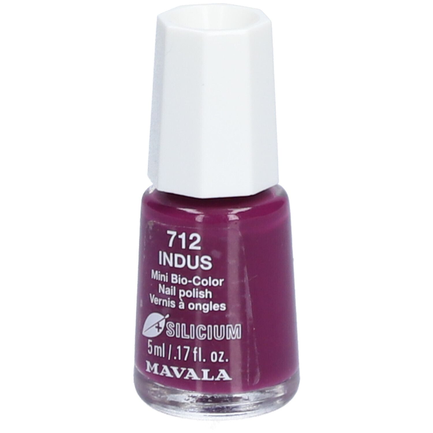 Nagellakflesje, kleur 712 Indus, Mini Bio-Color. Witte dop, paarse lak. Merk: Mavala.