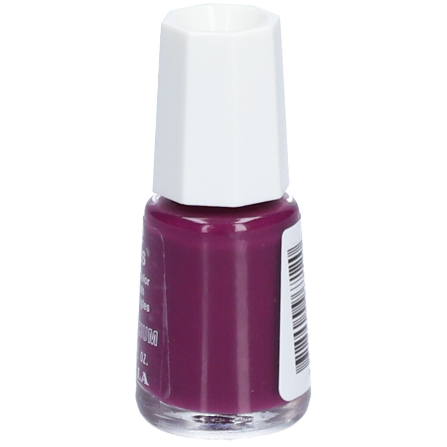 Nagellakflesje, kleur 712 Indus, Mini Bio-Color. Achterkant met barcode. Witte dop, paarse lak.