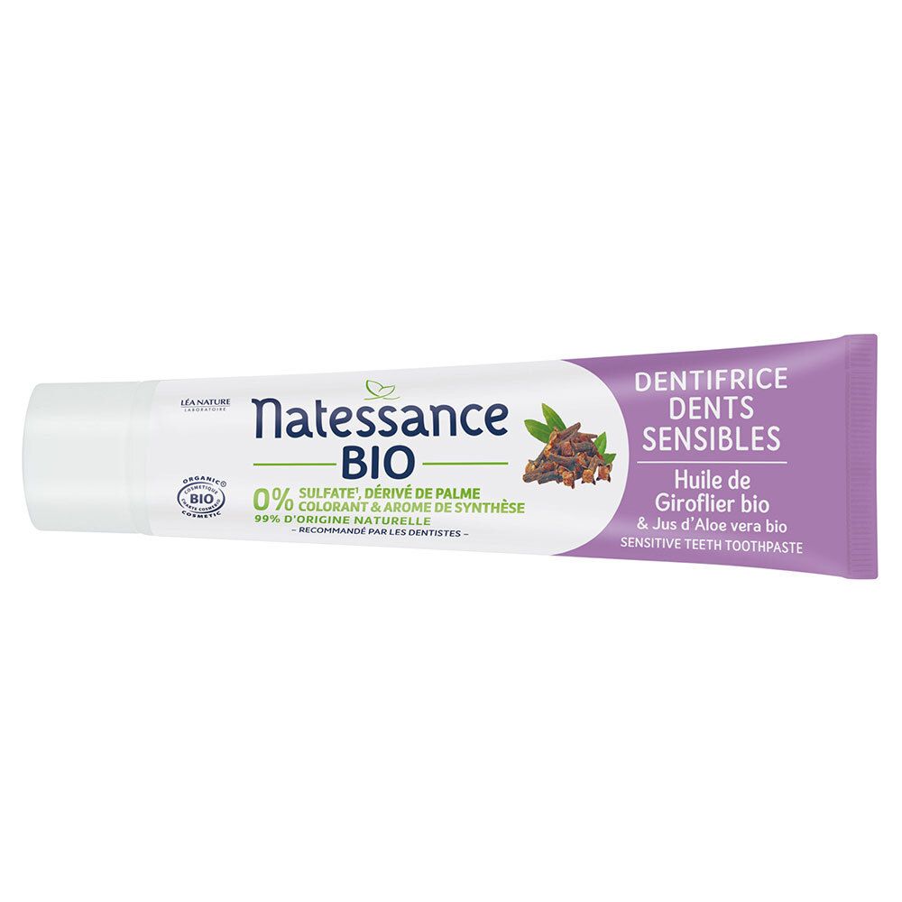 Zahnpasta-Tube, weiß-lila, Natessance Bio, für empfindliche Zähne. Mit Bio-Zertifizierung.