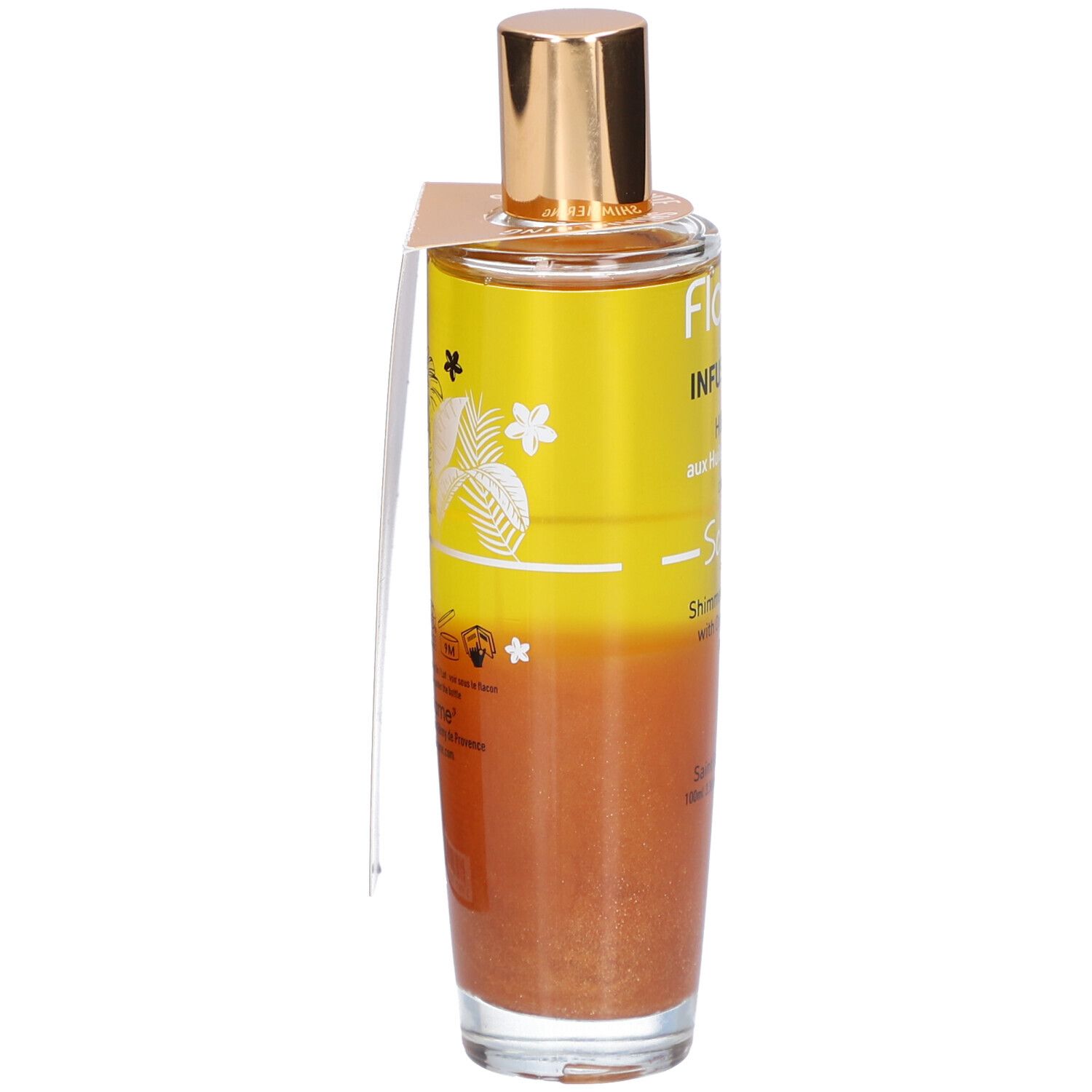 Flacon en verre avec bouchon doré. Liquide jaune et bronze. Étiquette avec nom et texte du produit.