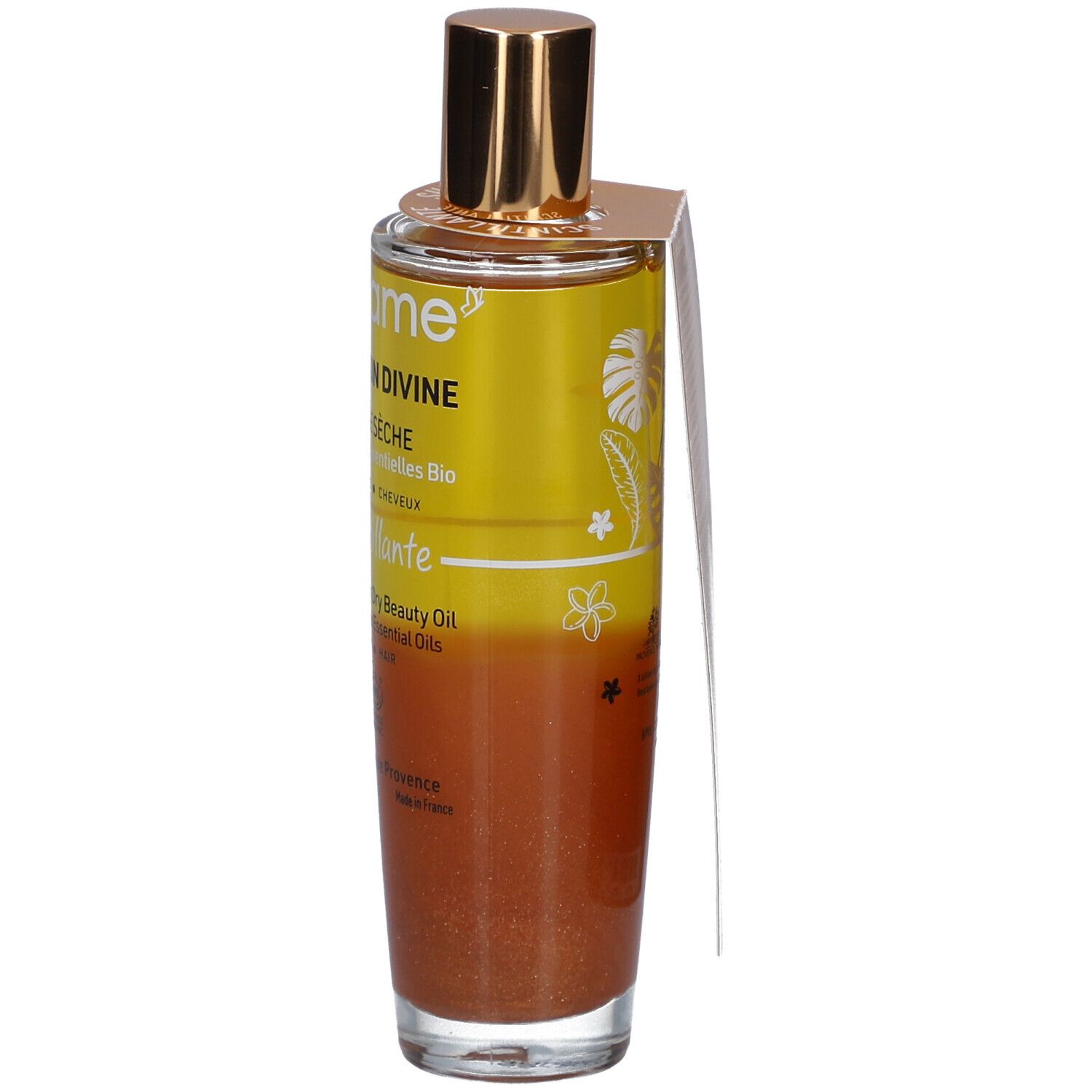 Flacon en verre avec bouchon doré. Liquide jaune et bronze. Étiquette avec nom et texte du produit.