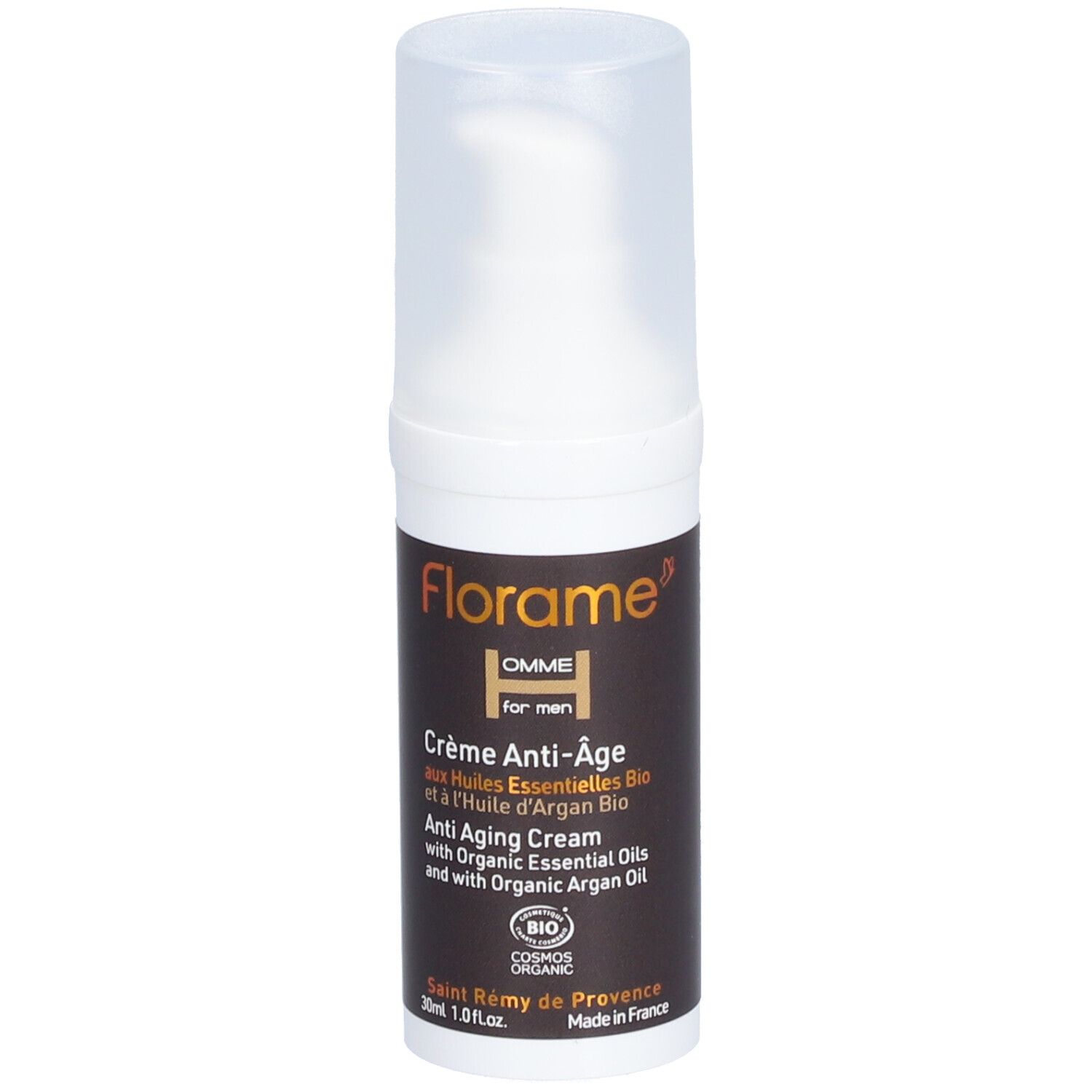 Flacon de crème FLORAME Homme anti-âge. Distributeur blanc, étiquette marron. Certifié bio.