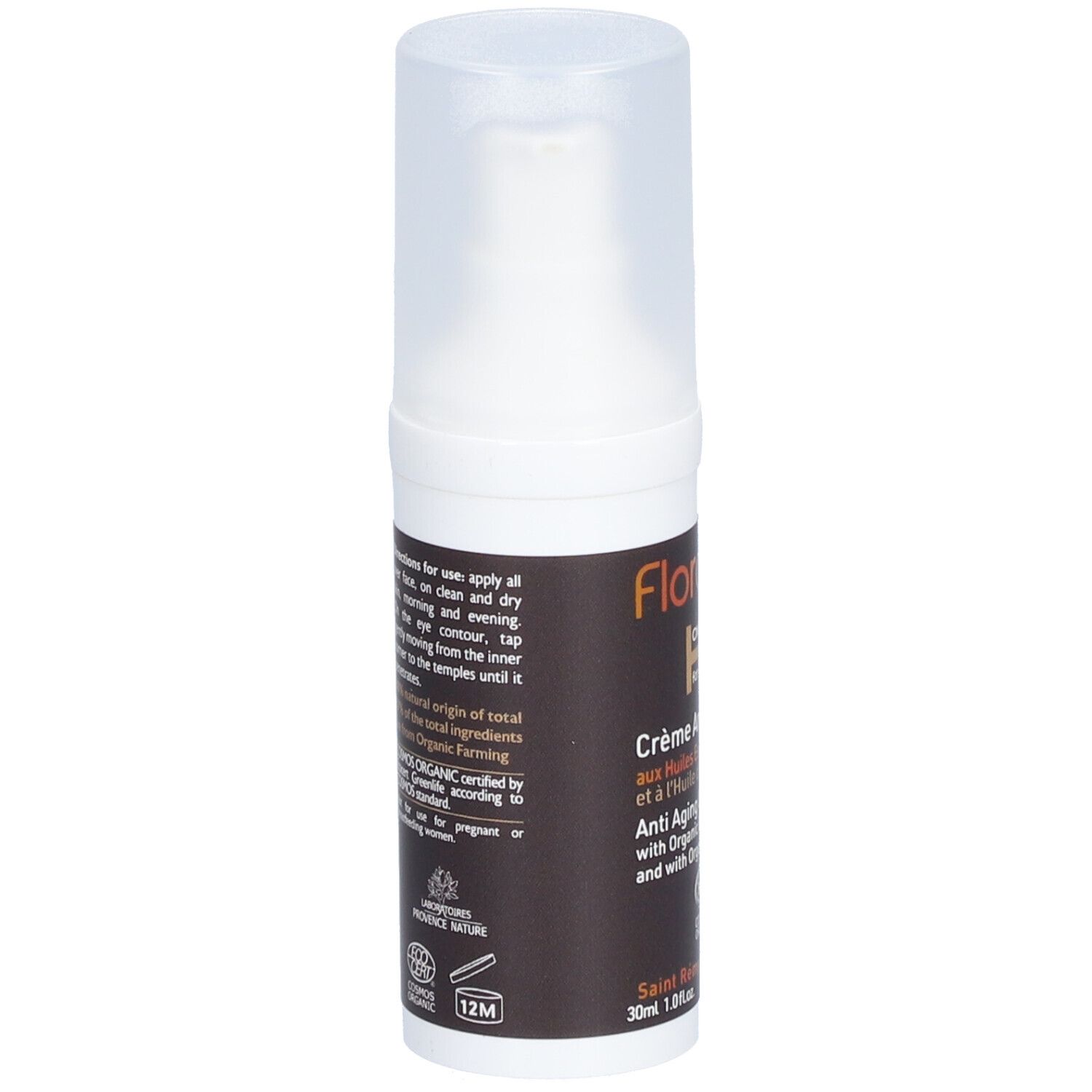 Dos du flacon de crème FLORAME Homme. Texte avec instructions et certification bio.