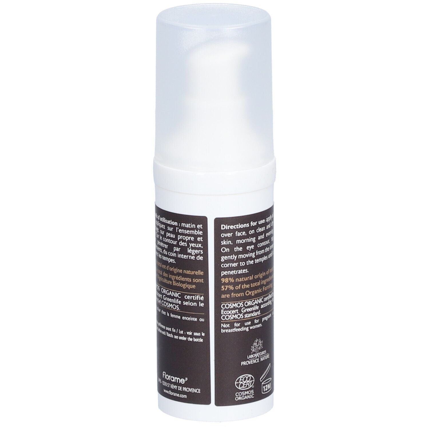 Dos du flacon de crème FLORAME Homme. Texte avec instructions et certification bio.