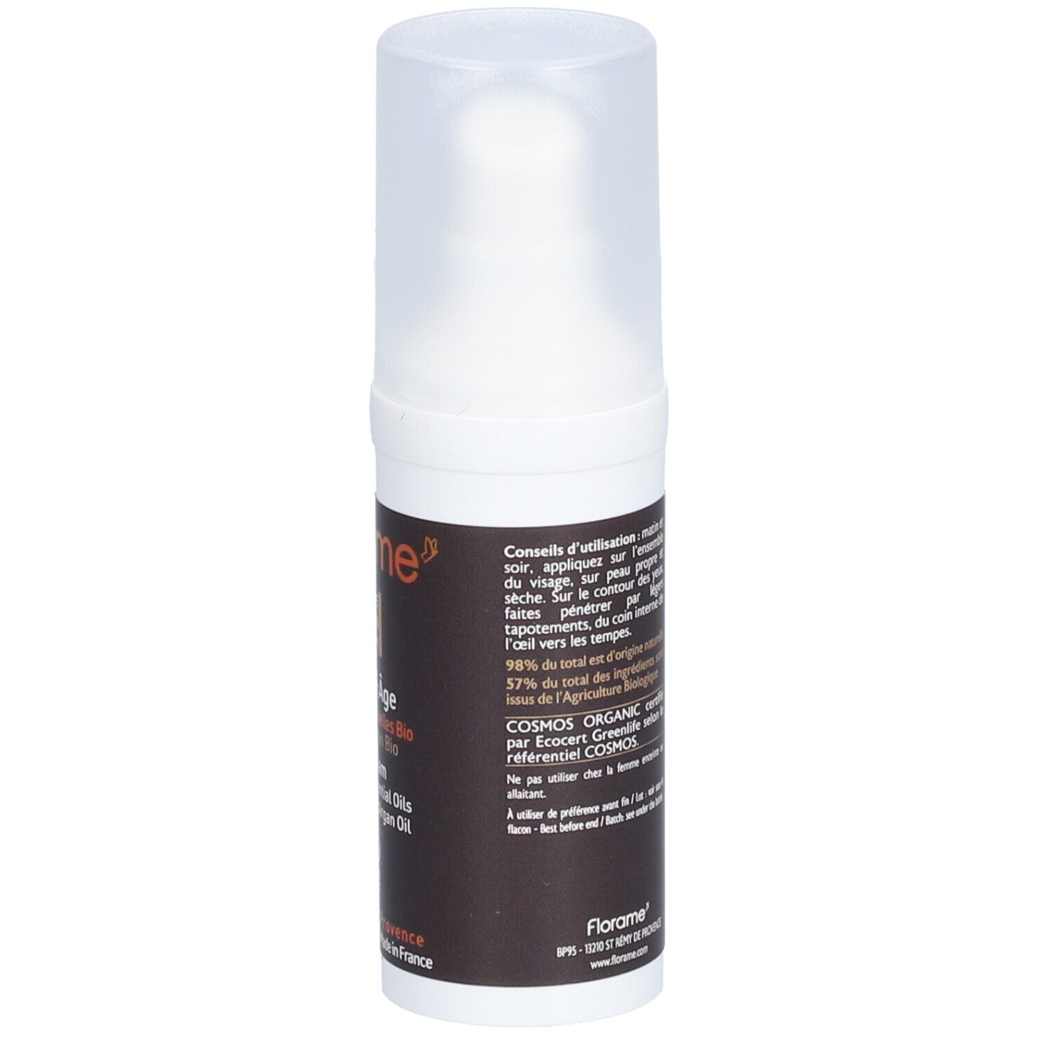 Dos du flacon de crème FLORAME Homme. Texte avec instructions et certification bio.