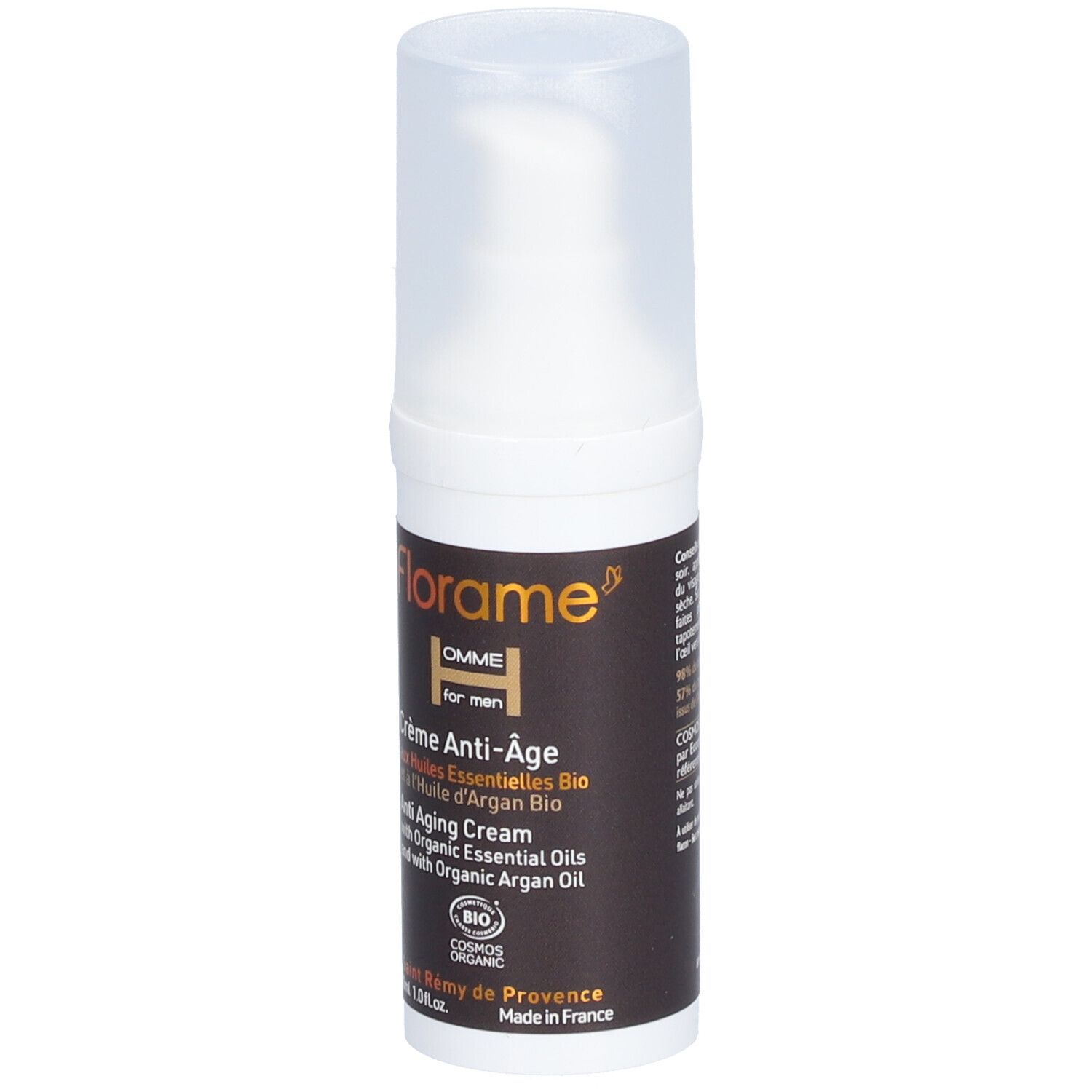 Flacon de crème FLORAME Homme anti-âge. Distributeur blanc, étiquette marron. Certifié bio.