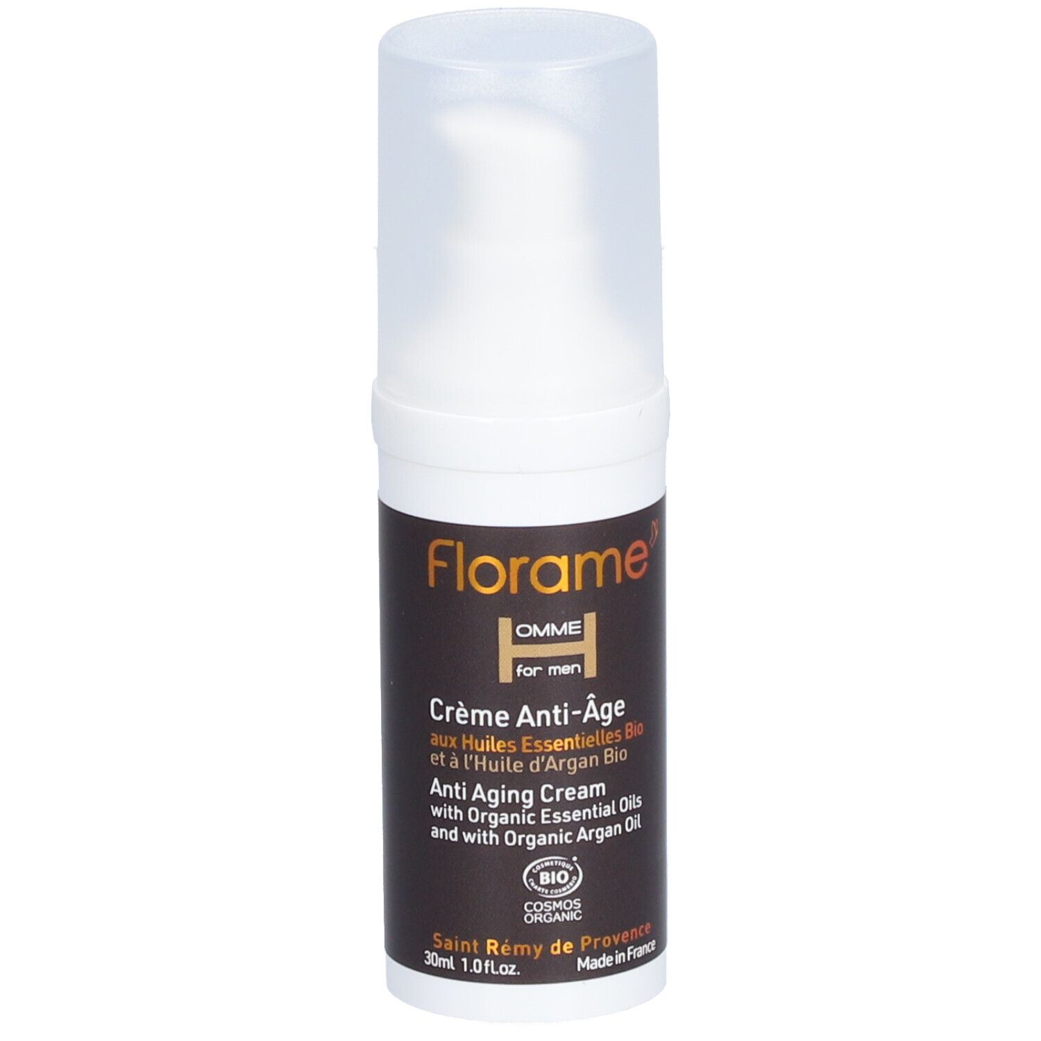 Flacon de crème FLORAME Homme anti-âge. Distributeur blanc, étiquette marron. Certifié bio.
