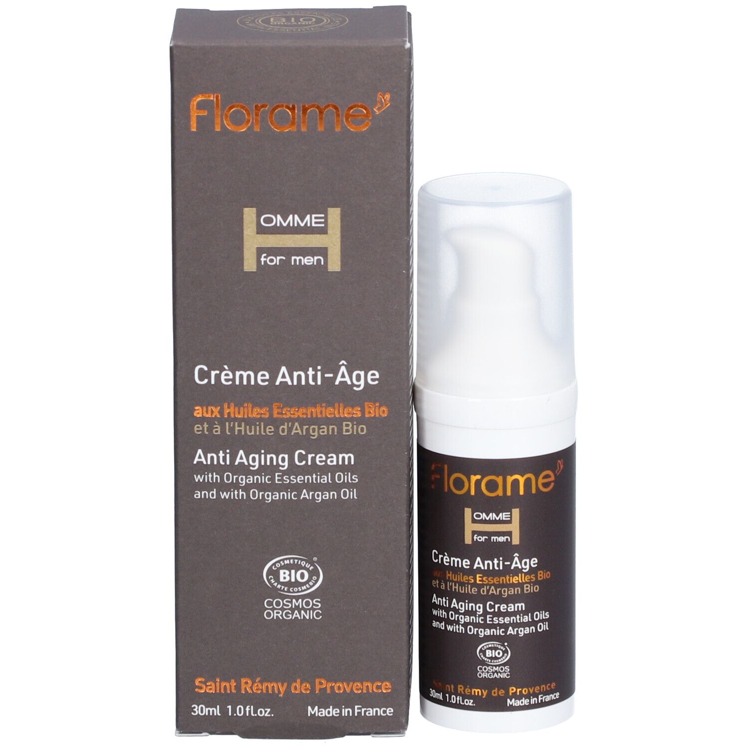 Crème anti-âge FLORAME Homme avec emballage. Boîte marron et distributeur blanc. Certification bio.