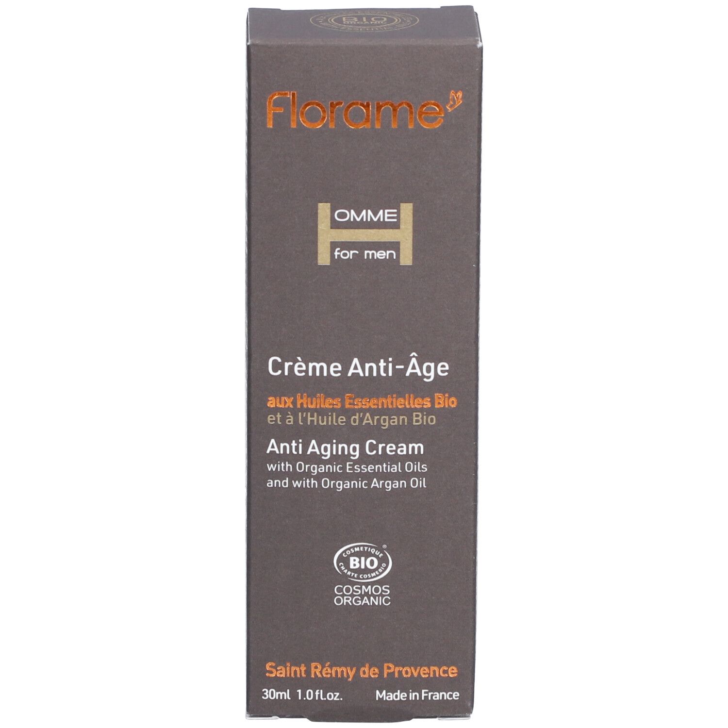 Emballage de la crème anti-âge FLORAME Homme. Boîte marron avec logo et informations produit.