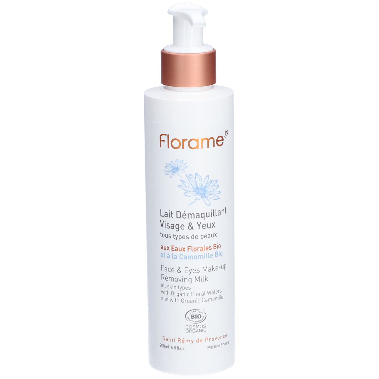 Weiße Flasche mit Pumpe. Aufschrift: Florame, Lait Démaquillant Visage & Yeux. Bio-Zertifizierung.