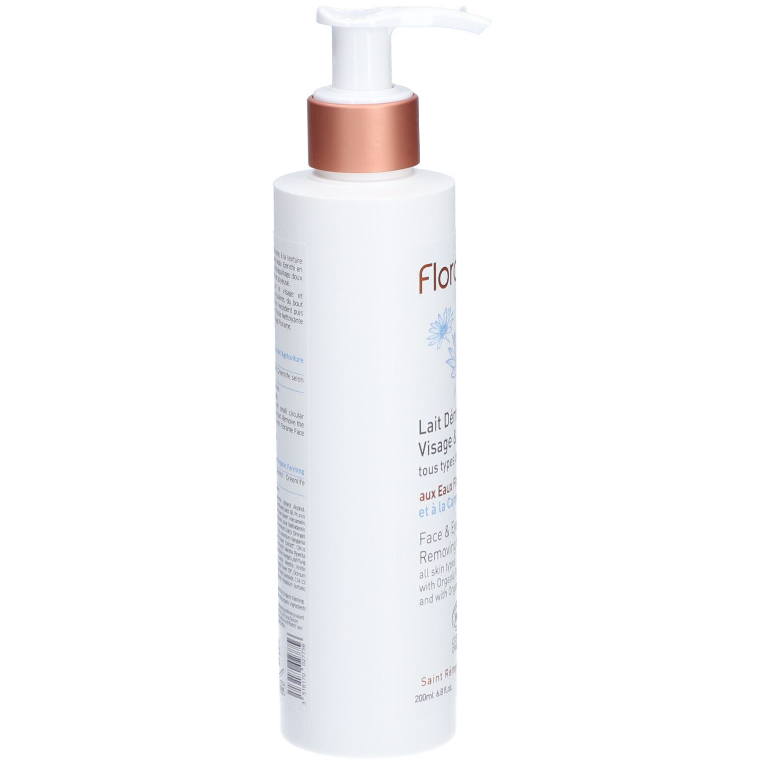 Weiße Flasche mit Pumpe. Aufschrift: Florame, Lait Démaquillant Visage & Yeux. Bio-Zertifizierung.
