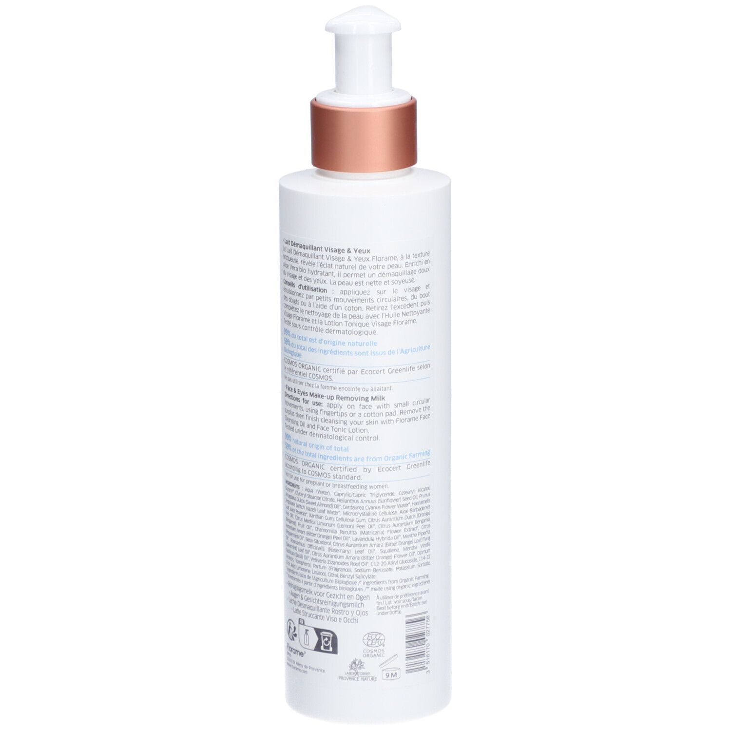 Weiße Flasche mit Pumpe. Rückseite mit Text. Bio-Zertifizierung. Aufschrift: Florame, Lait Démaquillant Visage & Yeux.