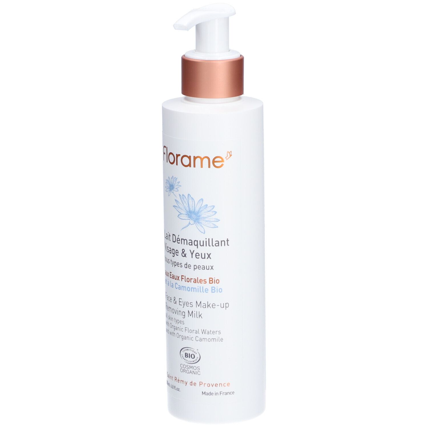 Weiße Flasche mit Pumpe. Aufschrift: Florame, Lait Démaquillant Visage & Yeux. Bio-Zertifizierung.