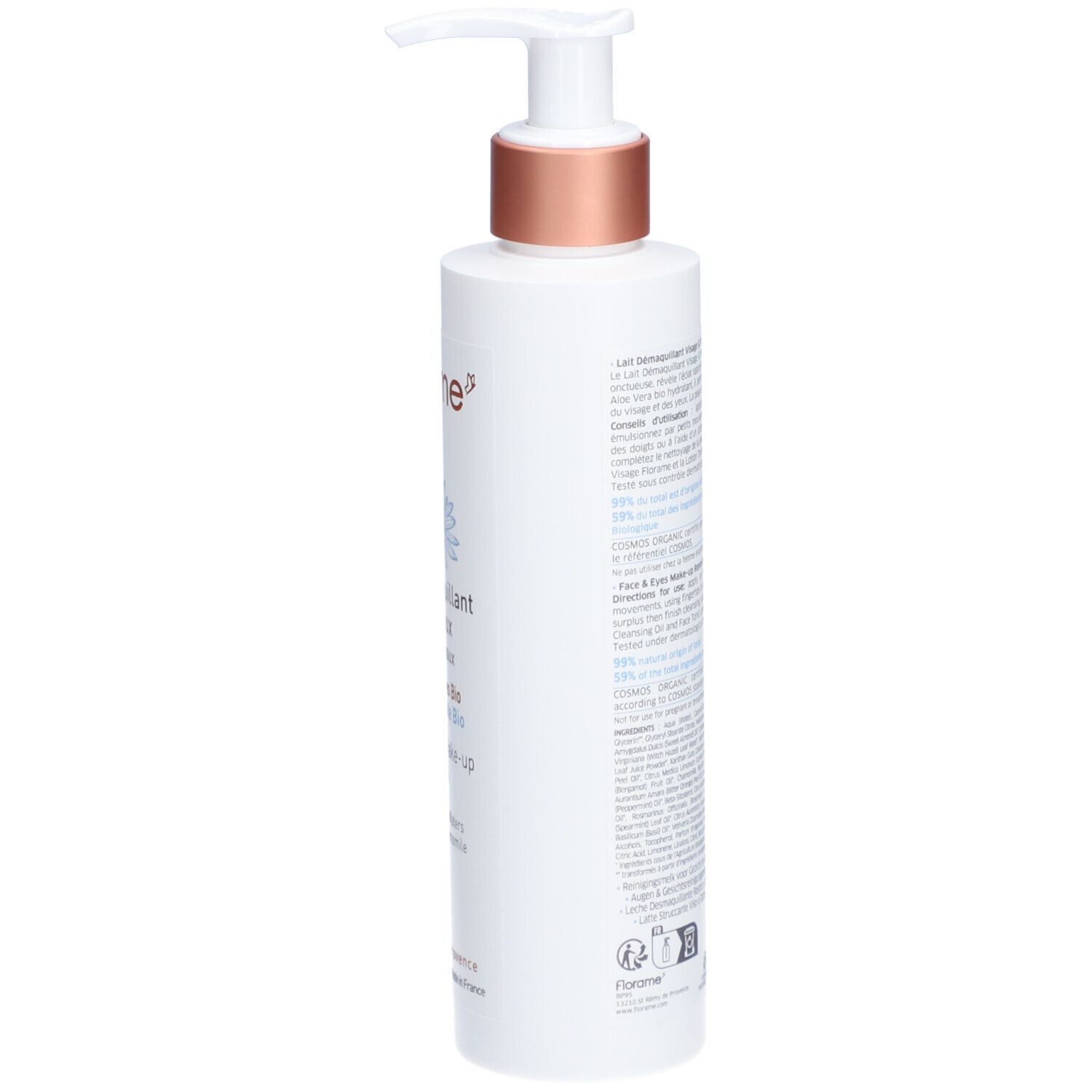 Weiße Flasche mit Pumpe. Rückseite mit Text. Bio-Zertifizierung. Aufschrift: Florame, Lait Démaquillant Visage & Yeux.