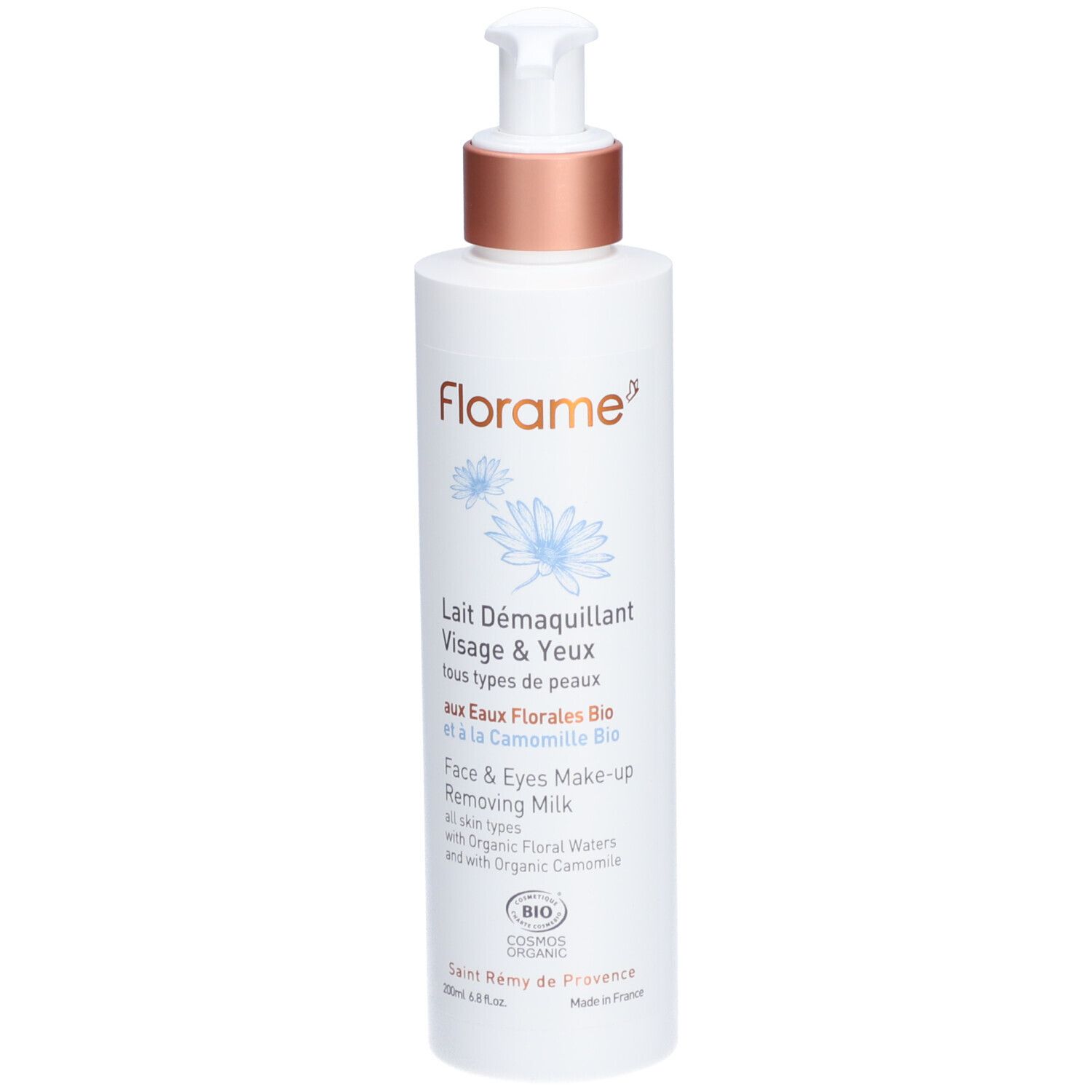 Weiße Flasche mit Pumpe. Aufschrift: Florame, Lait Démaquillant Visage & Yeux. Bio-Zertifizierung.