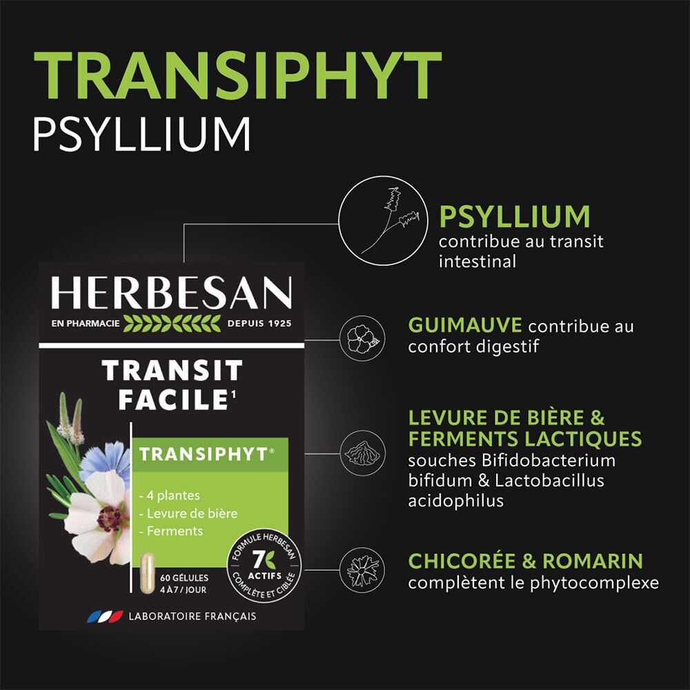 Boîte HERBESAN® Transiphyt®. Diagramme des ingrédients : Psyllium, Guimauve, Levure de bière & bactéries lactiques, Chicorée & Romarin.
