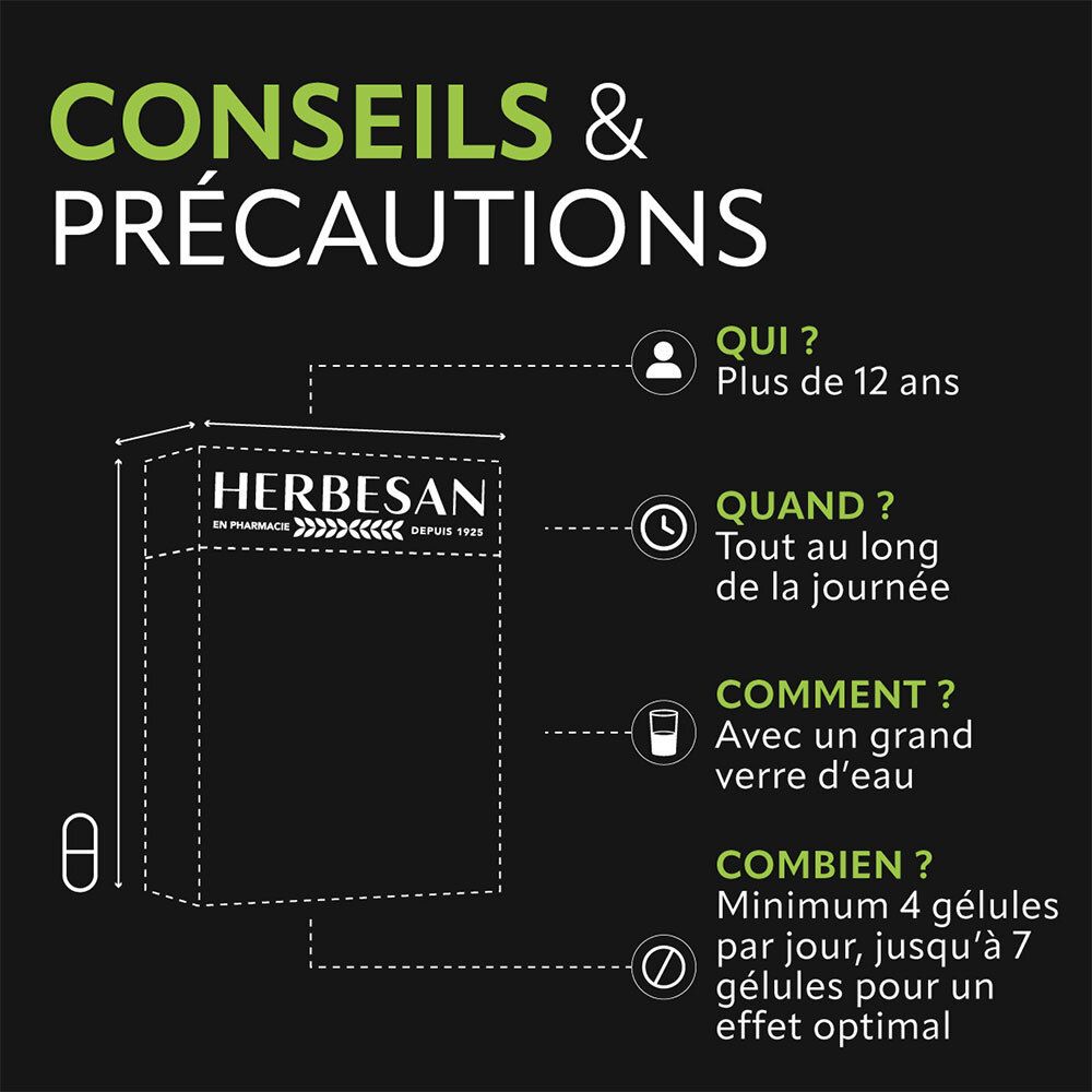 Boîte HERBESAN® Transiphyt®. Conseils : Plus de 12 ans, toute la journée, avec un grand verre d'eau, 4-7 gélules par jour.