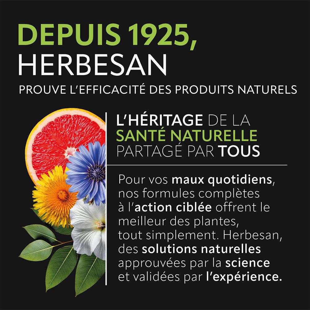 Publicité HERBESAN®. Fleurs et fruits colorés. Texte : Depuis 1925, HERBESAN prouve l'efficacité des produits naturels.