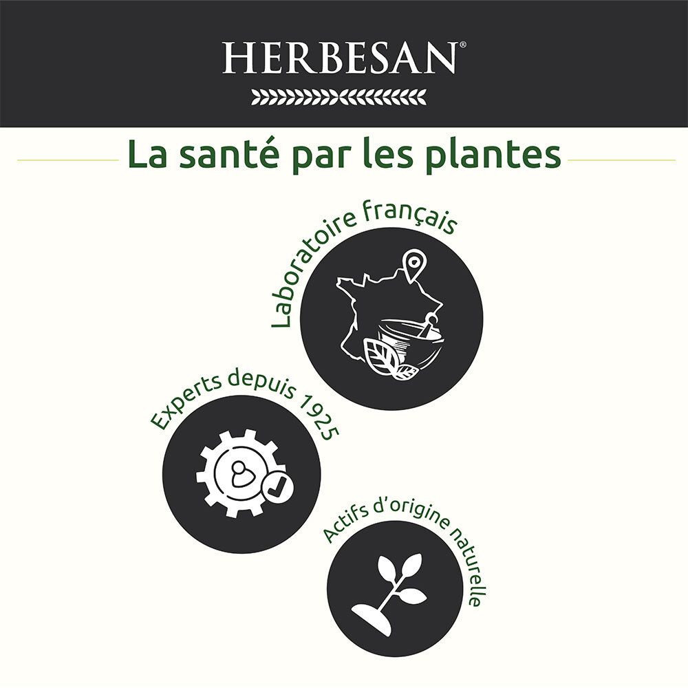 Logo HERBESAN®. Logos circulaires : Laboratoire français, Experts depuis 1925, Actifs d'origine naturelle.