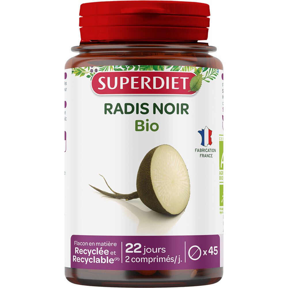 Flacon marron, bouchon rouge. Inscription: SUPERDIET Radis Noir Bio. Illustration d'un demi-radis noir.