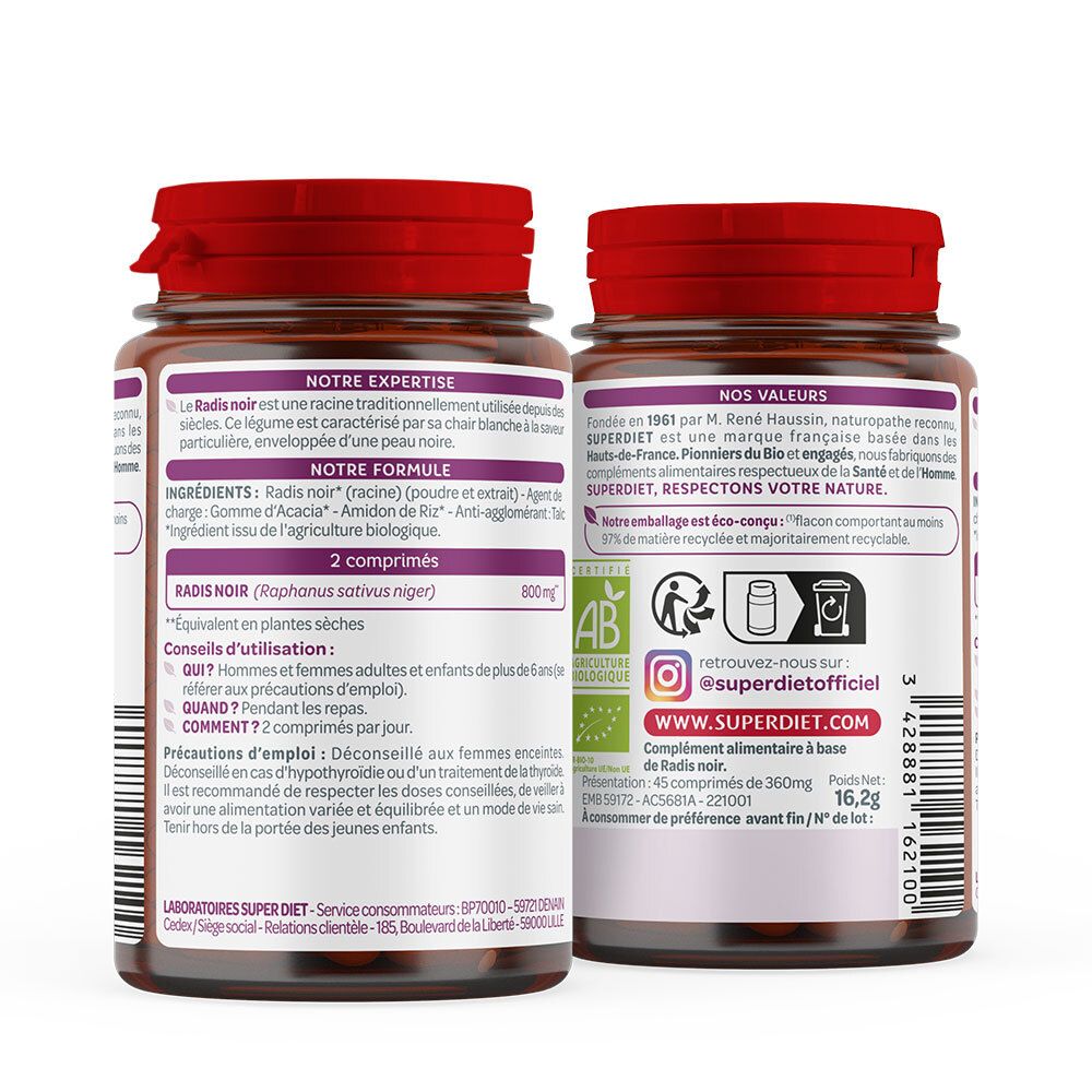 Dos du flacon. Texte: ingrédients, conseils d'utilisation. Label bio. Flacon en matière recyclée.