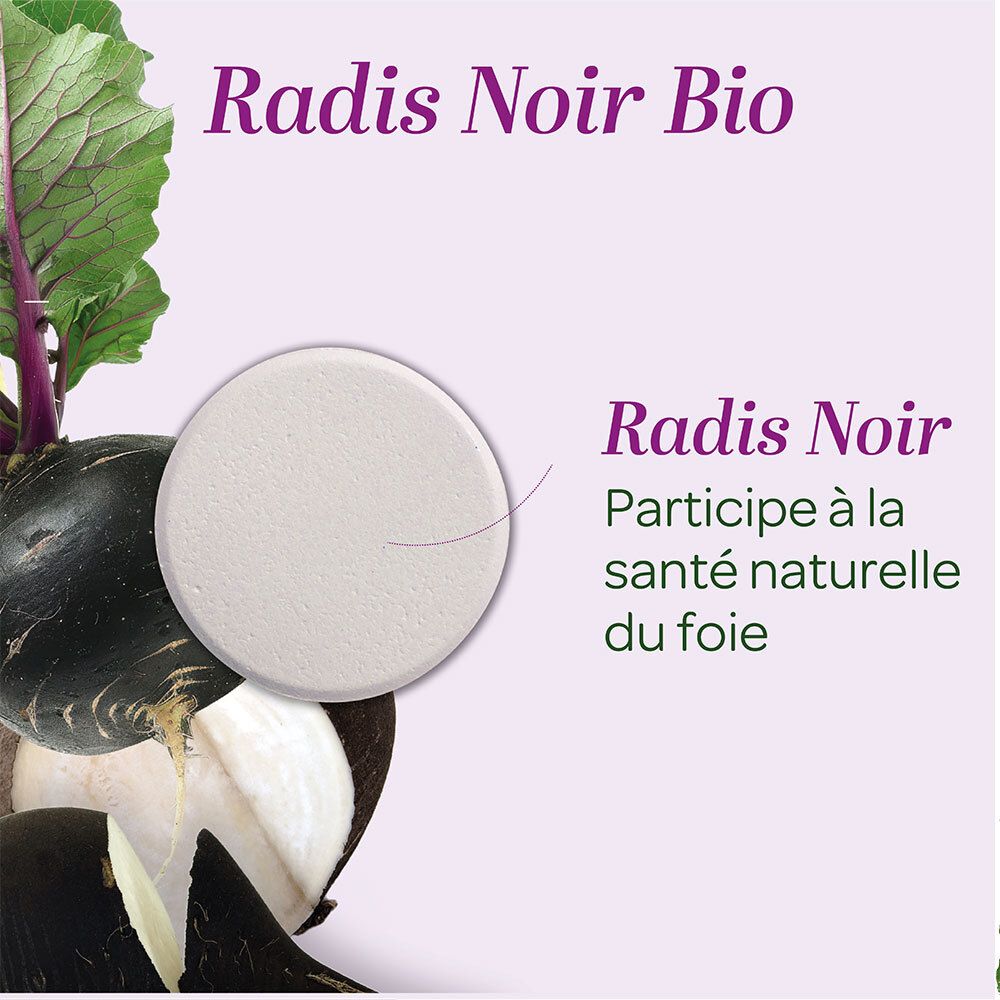 Gros plan sur un comprimé et radis noir. Texte: Radis Noir Bio. Participe à la santé naturelle du foie.