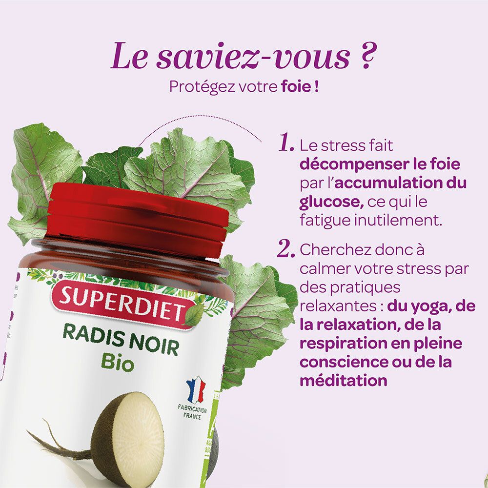Flacon et radis noir. Texte: Le stress peut endommager le foie. Recommandations pour gérer le stress.