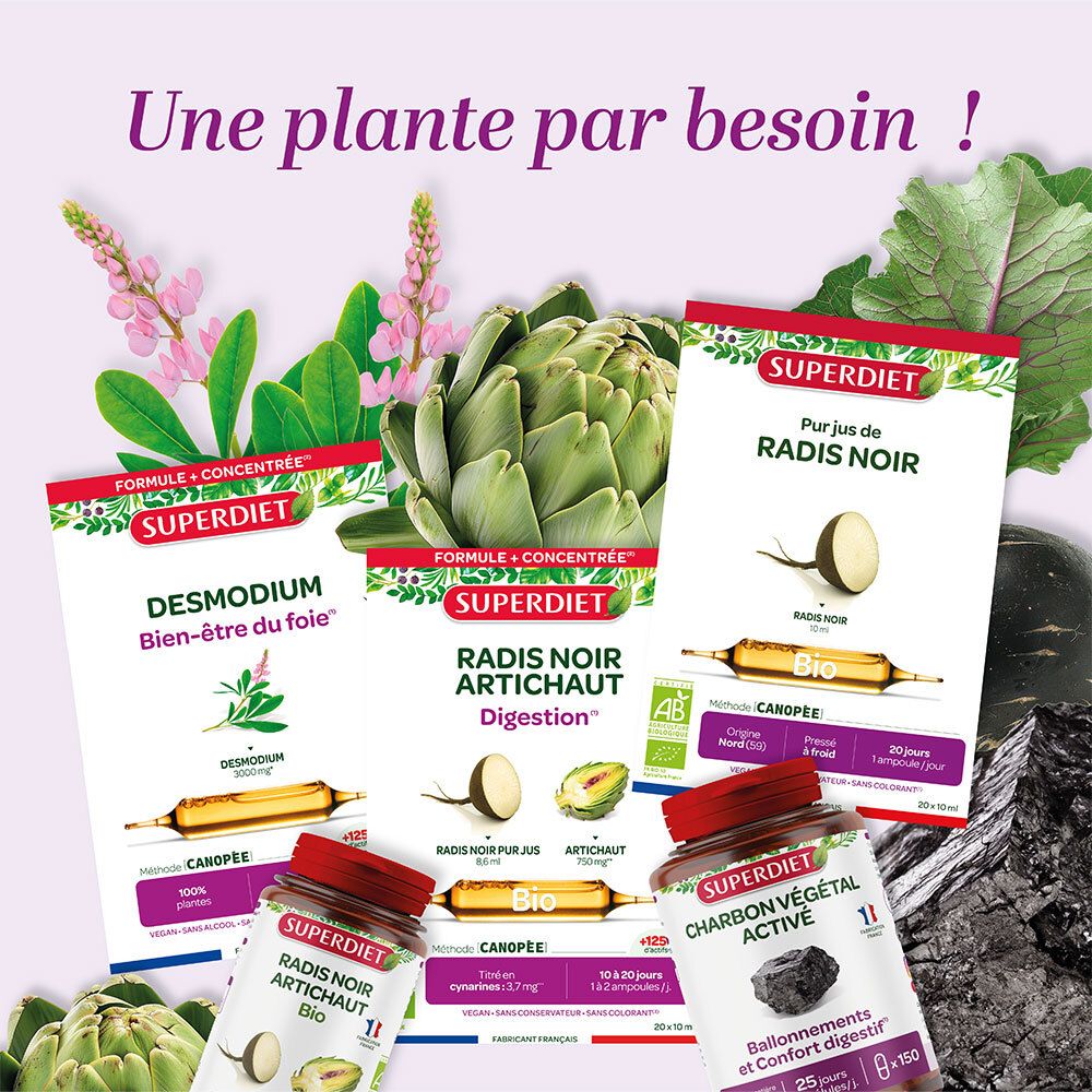 Différents produits SUPERDIET. Radis Noir, Artichaut, Desmodium. Flacons et emballages avec texte.